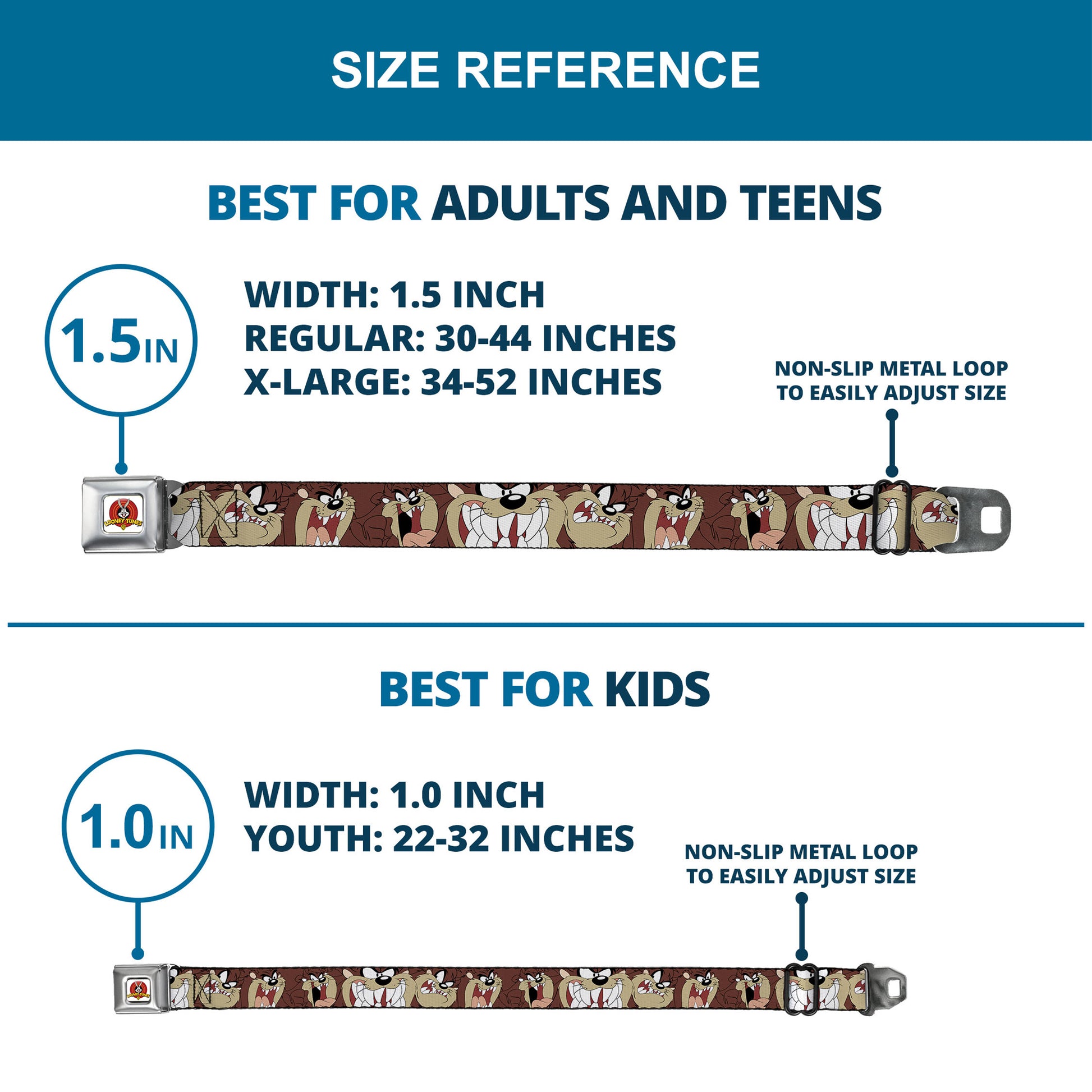 Looney Tunes Logo Full Color White Seatbelt Belt - Tasmanian Devil Expressions Brown Webbing Seatbelt Belts Looney Tunes