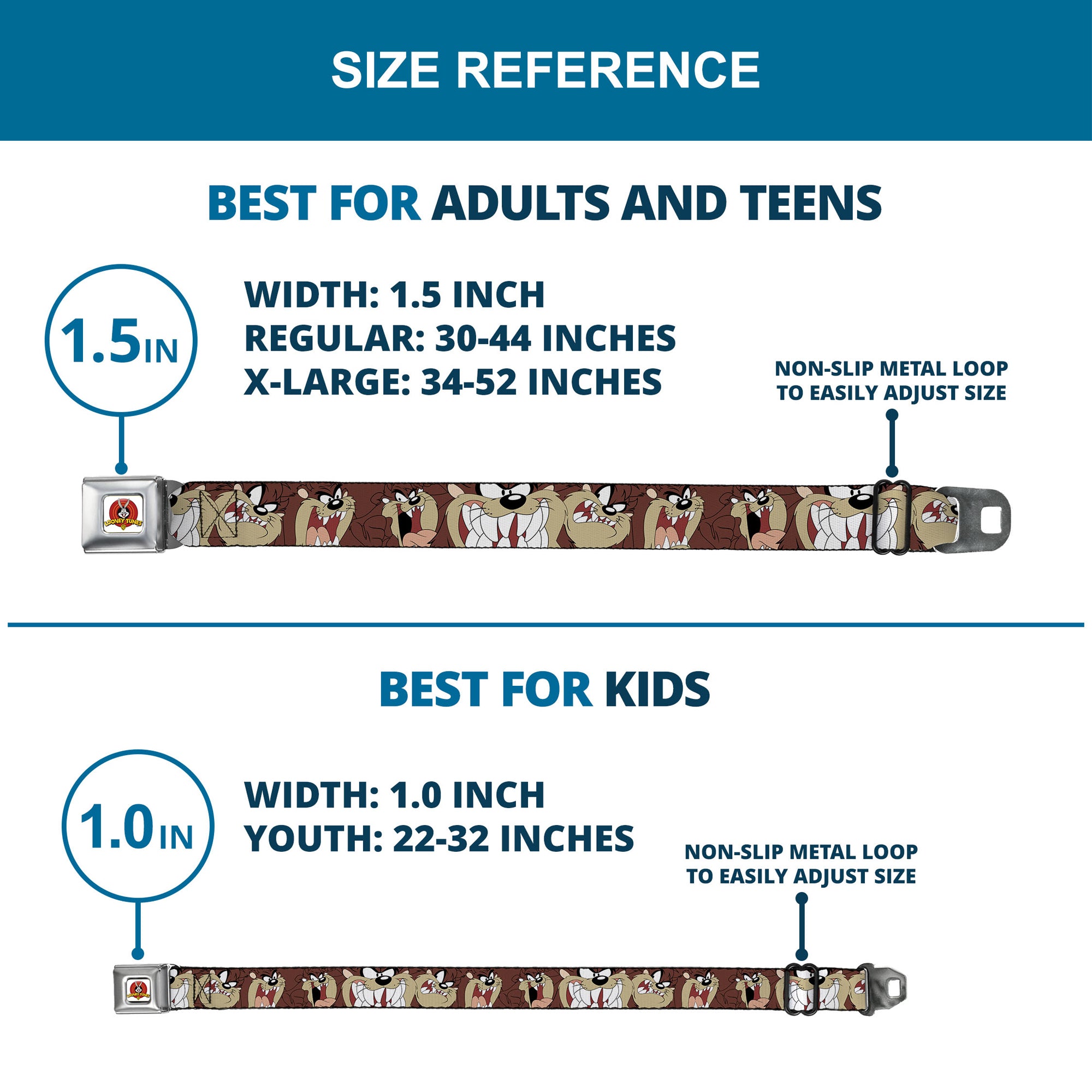 Looney Tunes Logo Full Color White Seatbelt Belt - Tasmanian Devil Expressions Brown Webbing Seatbelt Belts Looney Tunes