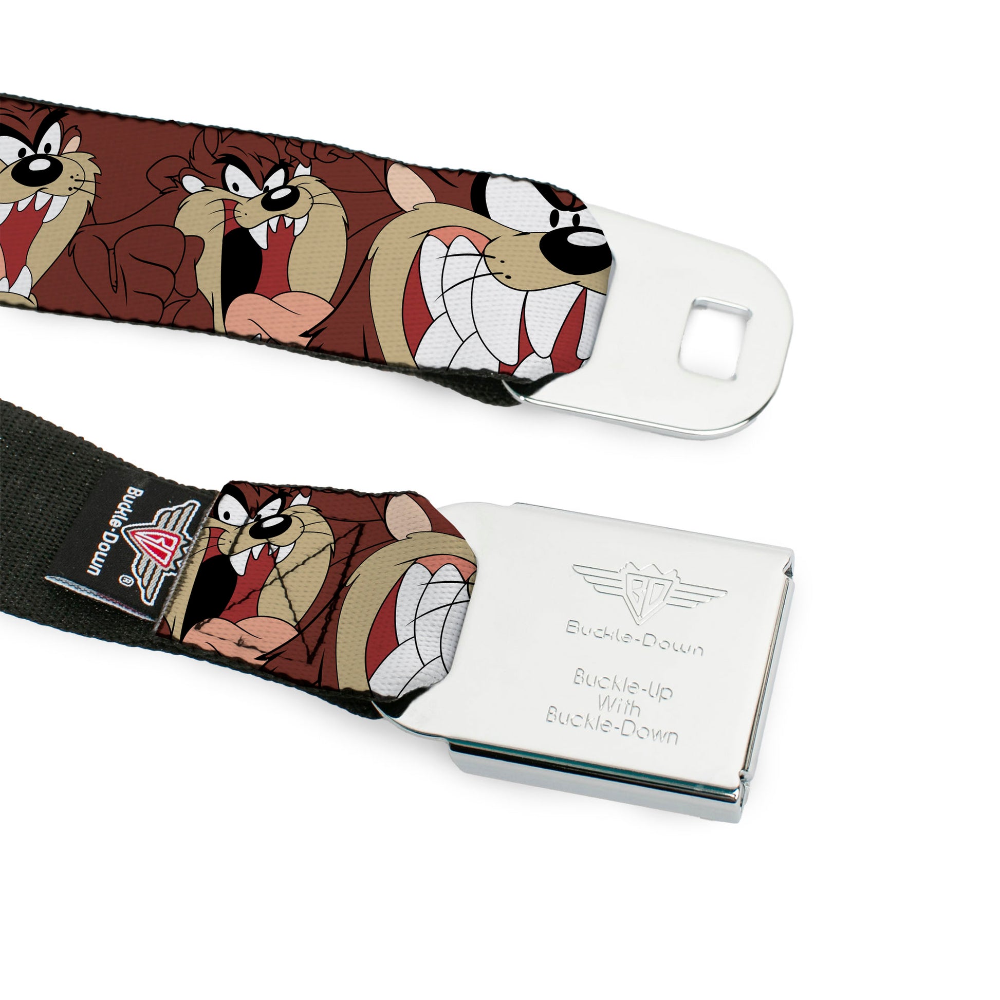 Looney Tunes Logo Full Color White Seatbelt Belt - Tasmanian Devil Expressions Brown Webbing Seatbelt Belts Looney Tunes