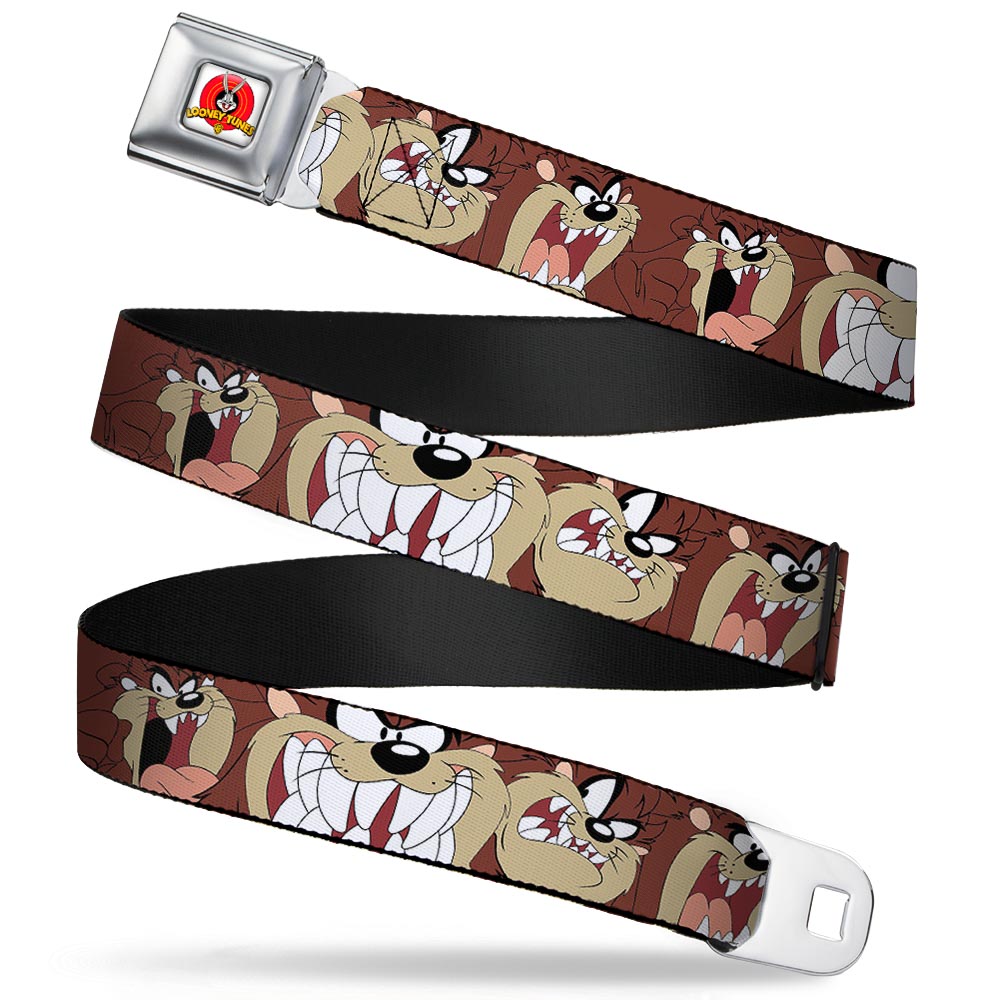 Looney Tunes Logo Full Color White Seatbelt Belt - Tasmanian Devil Expressions Brown Webbing Seatbelt Belts Looney Tunes