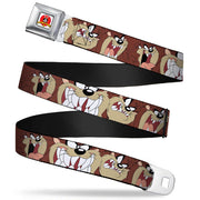 Looney Tunes Logo Full Color White Seatbelt Belt - Tasmanian Devil Expressions Brown Webbing Seatbelt Belts Looney Tunes