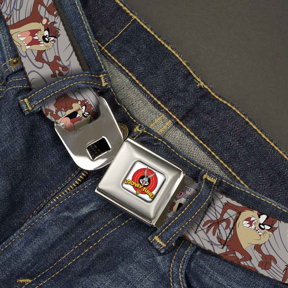 Looney Tunes Logo Full Color White Seatbelt Belt - Tasmanian Devil Expressions Gray Swirl Webbing Seatbelt Belts Looney Tunes