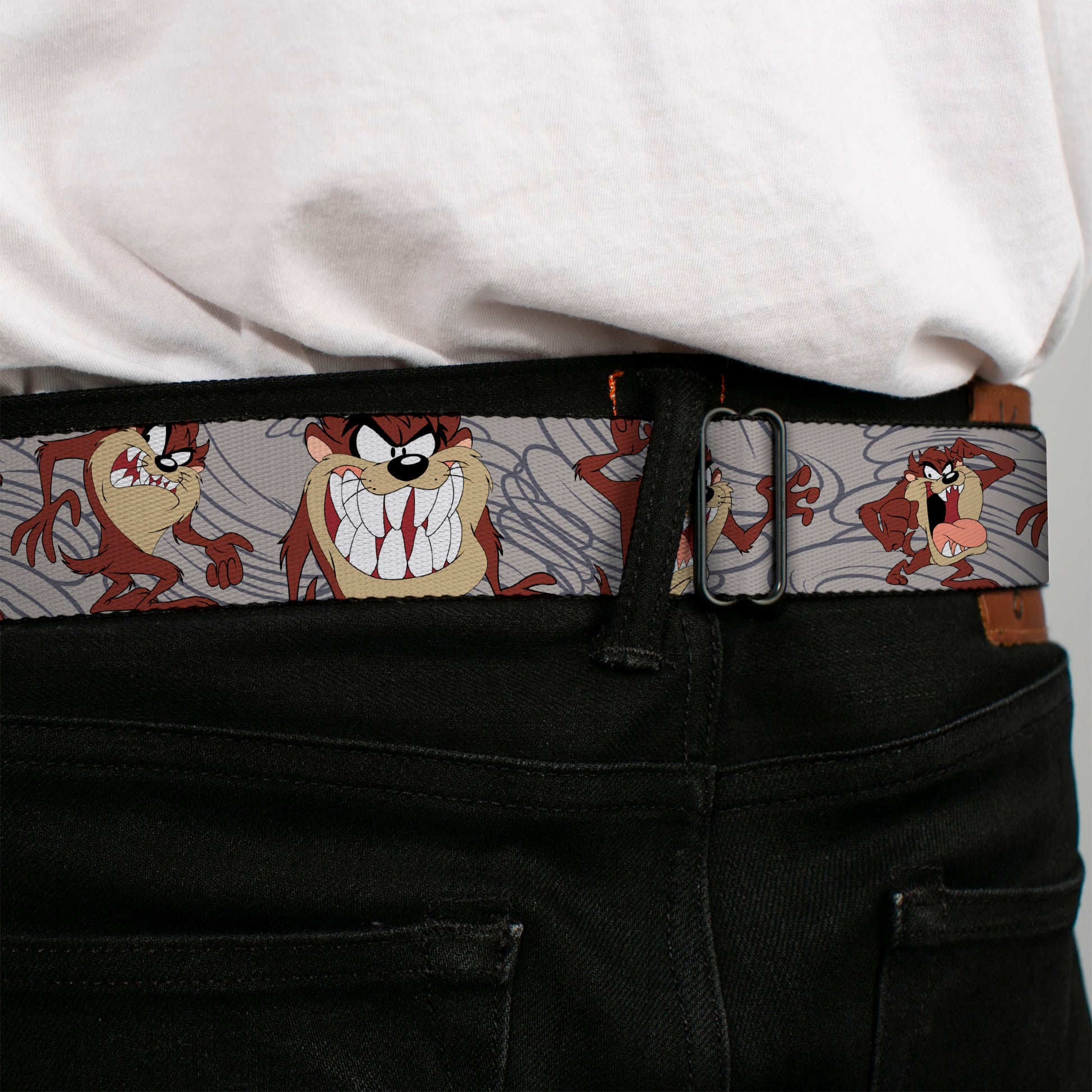 Looney Tunes Logo Full Color White Seatbelt Belt - Tasmanian Devil Expressions Gray Swirl Webbing Seatbelt Belts Looney Tunes