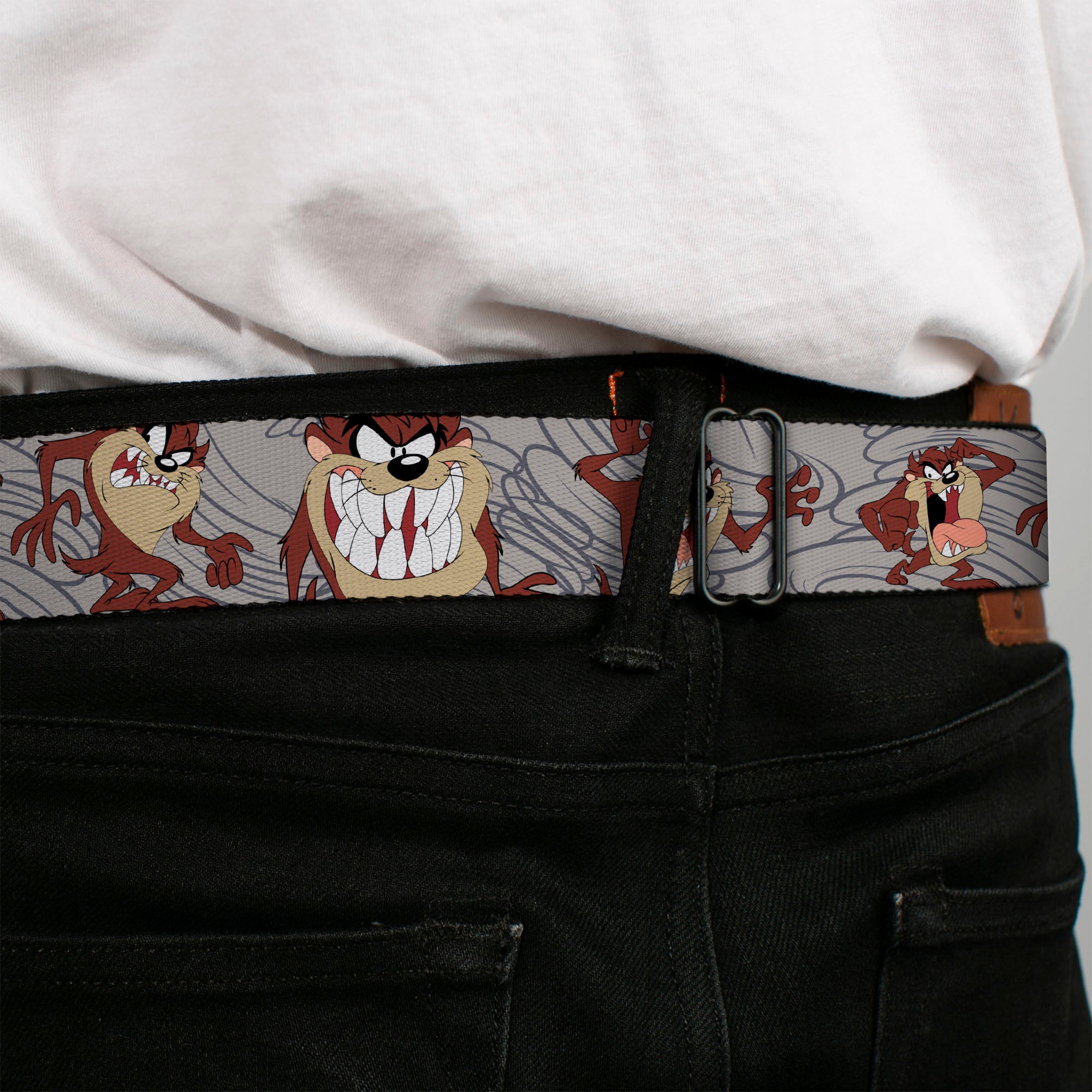 Looney Tunes Logo Full Color White Seatbelt Belt - Tasmanian Devil Expressions Gray Swirl Webbing Seatbelt Belts Looney Tunes