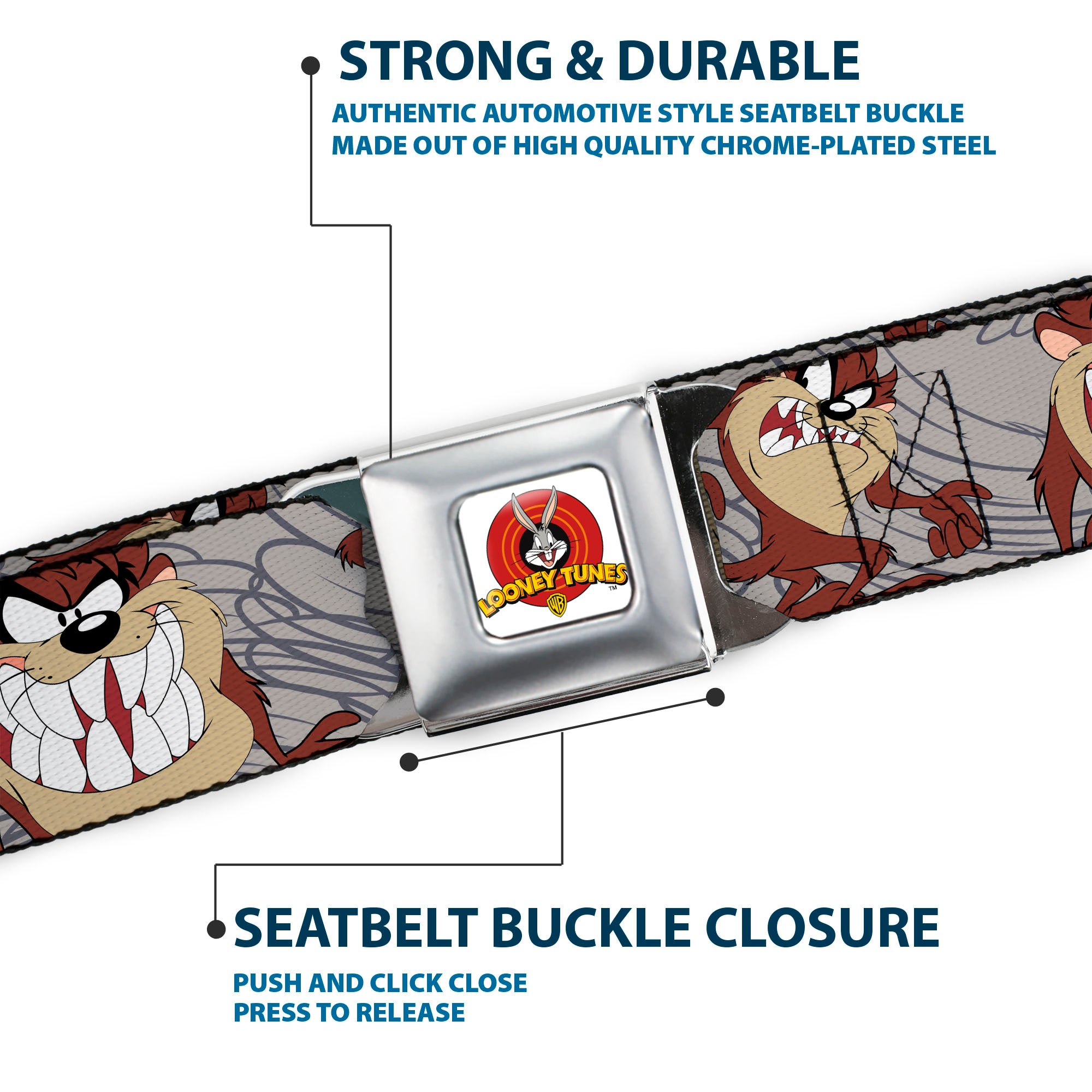 Looney Tunes Logo Full Color White Seatbelt Belt - Tasmanian Devil Expressions Gray Swirl Webbing Seatbelt Belts Looney Tunes