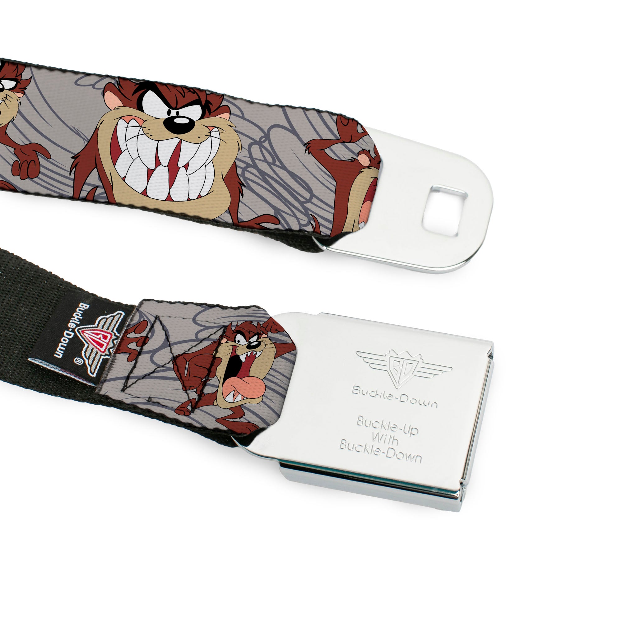 Looney Tunes Logo Full Color White Seatbelt Belt - Tasmanian Devil Expressions Gray Swirl Webbing Seatbelt Belts Looney Tunes