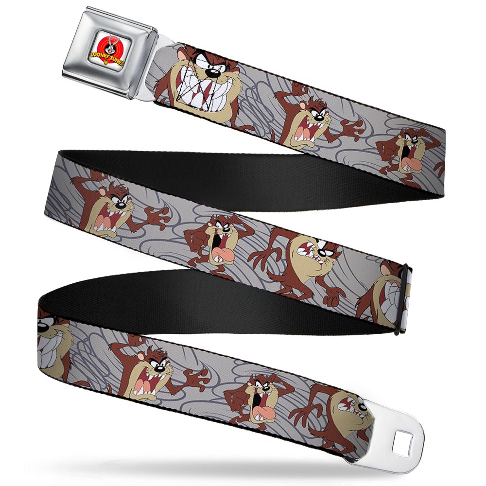 Looney Tunes Logo Full Color White Seatbelt Belt - Tasmanian Devil Expressions Gray Swirl Webbing Seatbelt Belts Looney Tunes