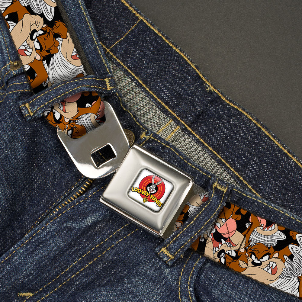 Looney Tunes Logo Full Color White Seatbelt Belt - Tasmanian Devil Vortex Poses Stacked Black Webbing Seatbelt Belts Looney Tunes