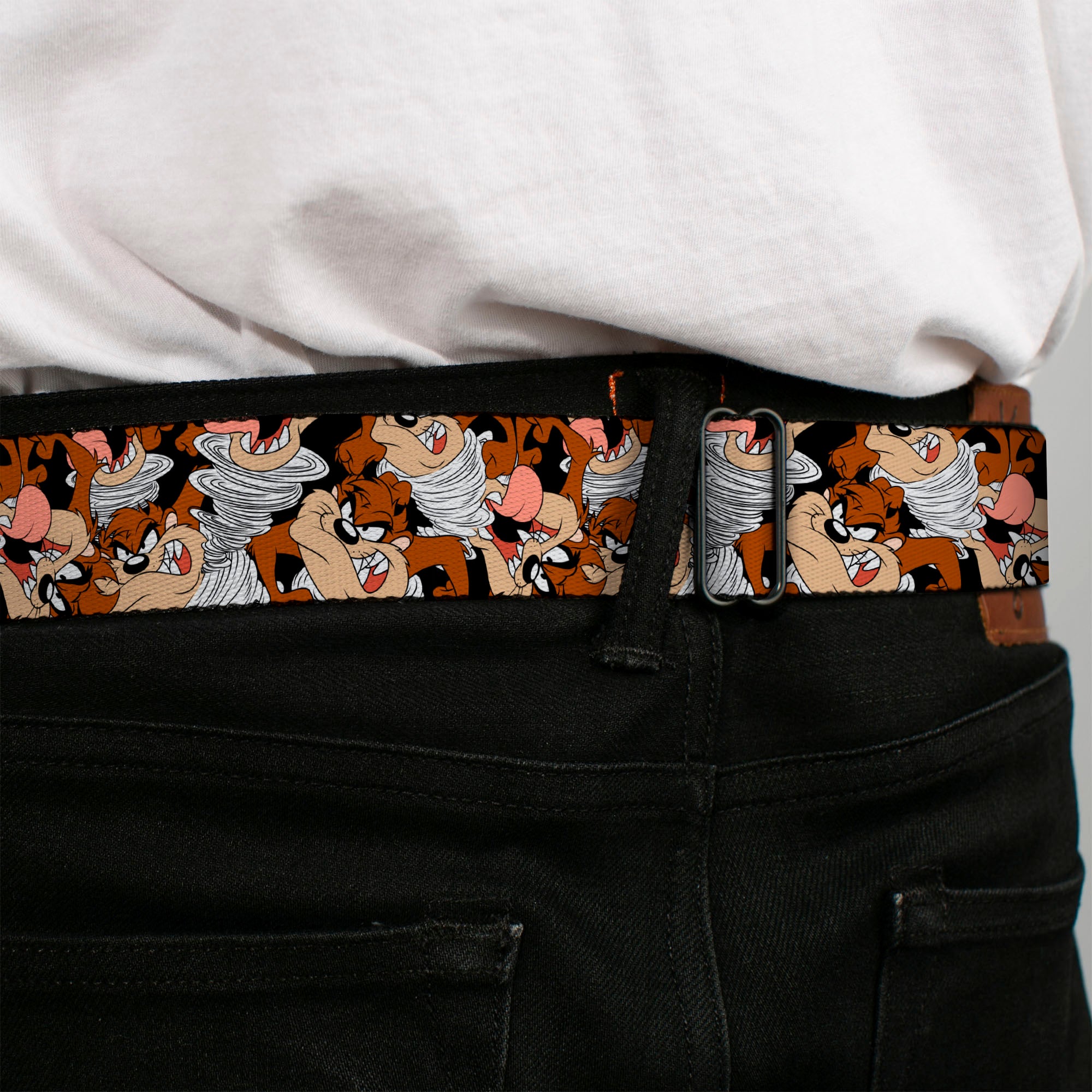 Looney Tunes Logo Full Color White Seatbelt Belt - Tasmanian Devil Vortex Poses Stacked Black Webbing Seatbelt Belts Looney Tunes