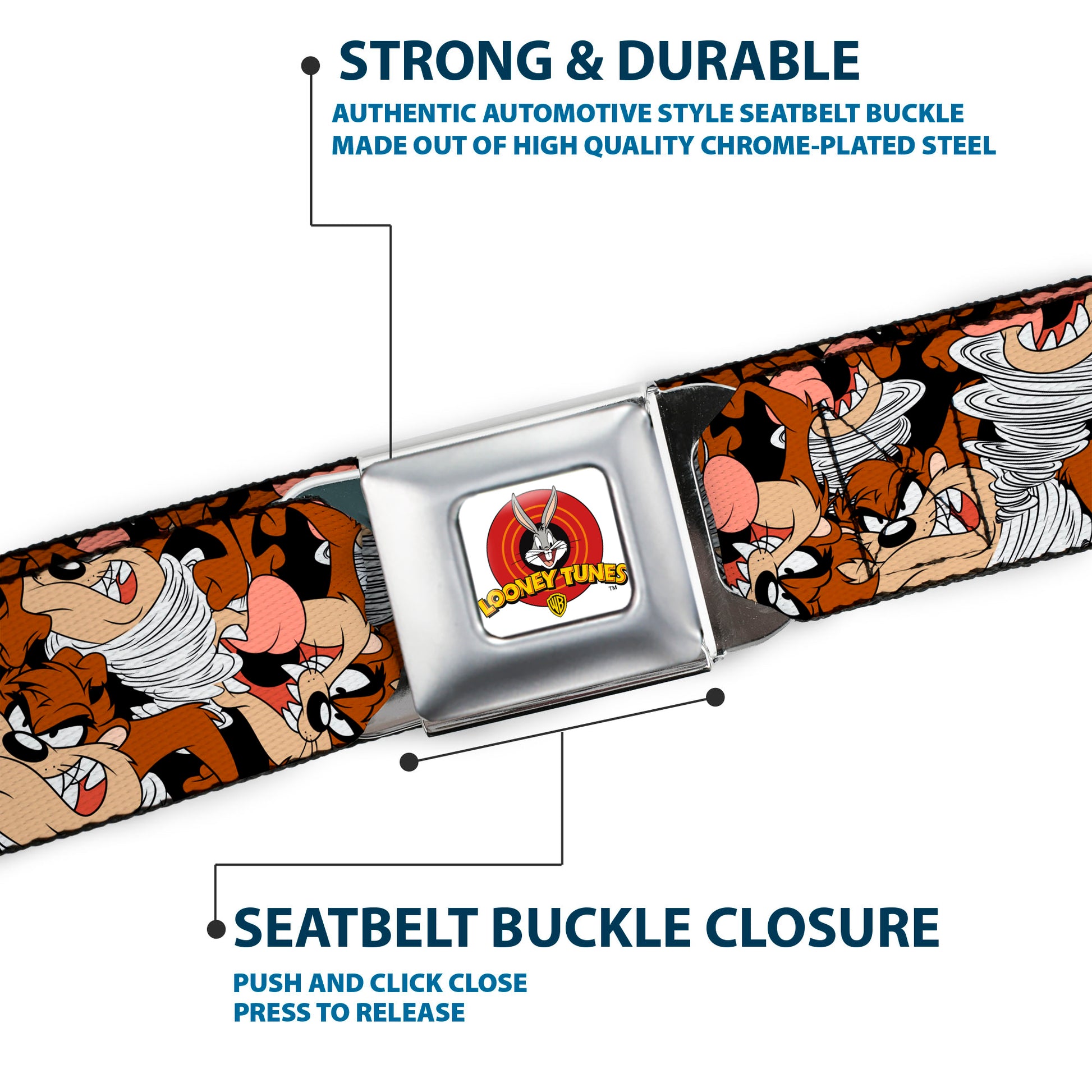 Looney Tunes Logo Full Color White Seatbelt Belt - Tasmanian Devil Vortex Poses Stacked Black Webbing Seatbelt Belts Looney Tunes