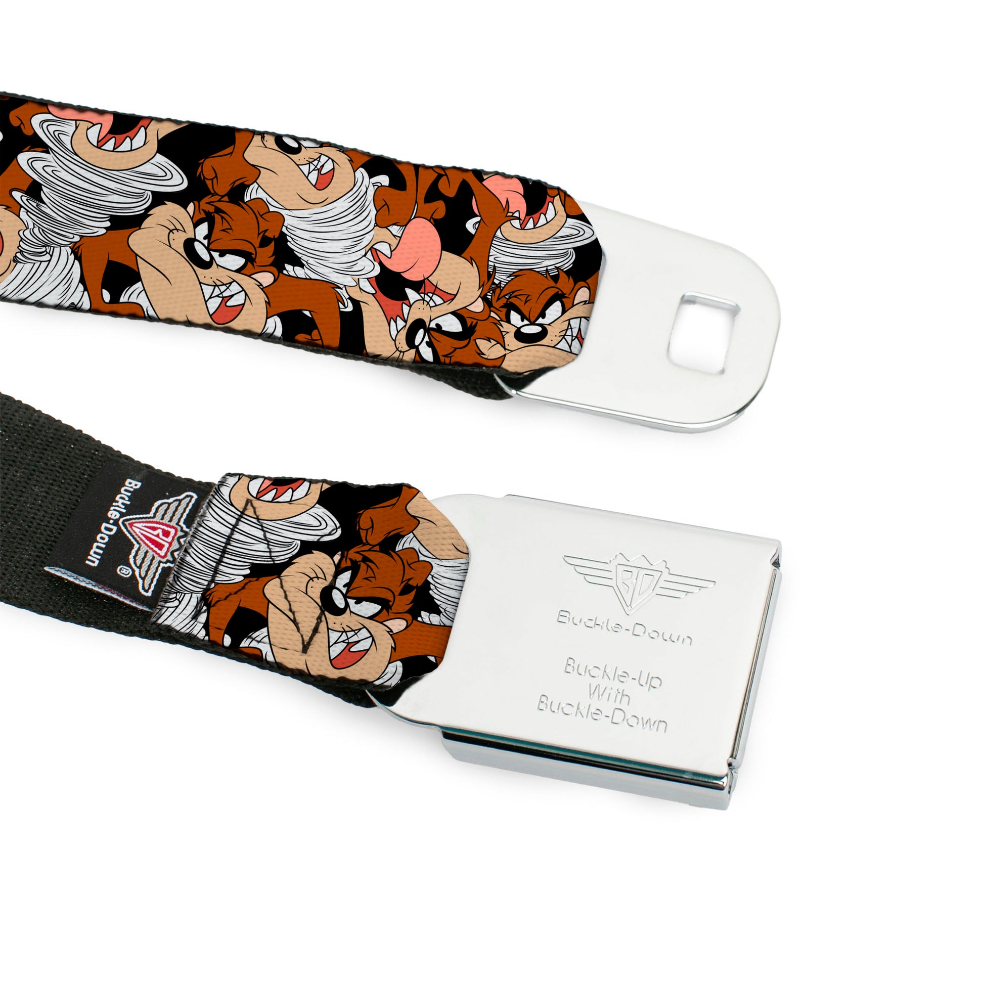 Looney Tunes Logo Full Color White Seatbelt Belt - Tasmanian Devil Vortex Poses Stacked Black Webbing Seatbelt Belts Looney Tunes