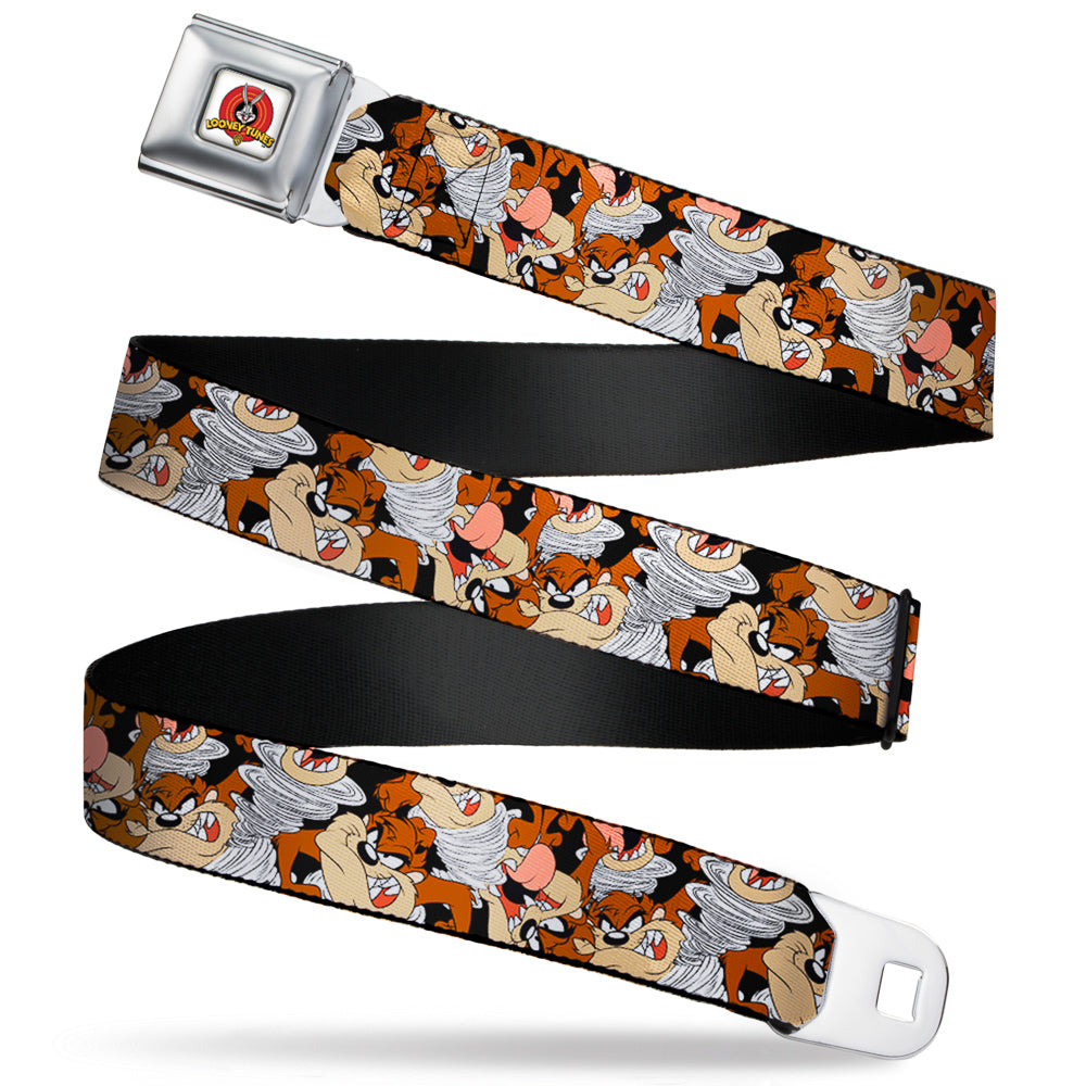 Looney Tunes Logo Full Color White Seatbelt Belt - Tasmanian Devil Vortex Poses Stacked Black Webbing Seatbelt Belts Looney Tunes