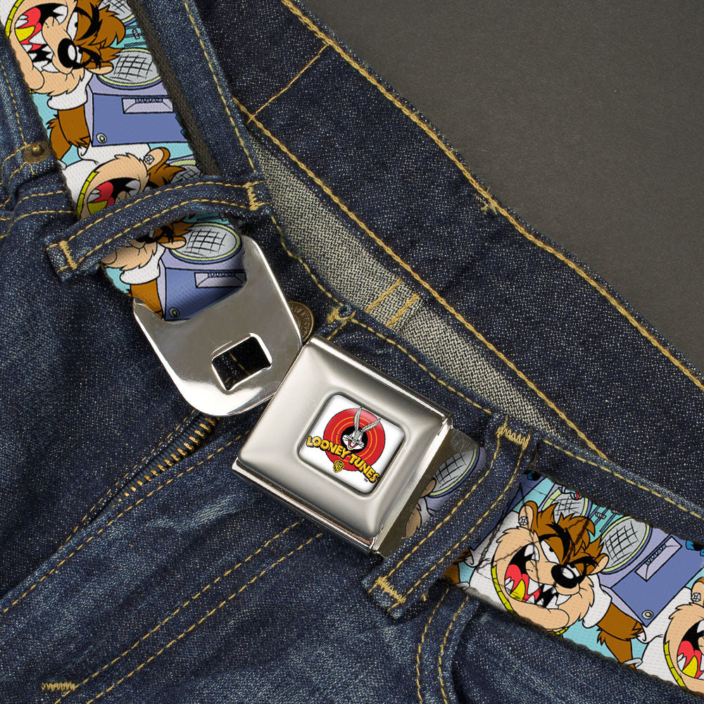 Looney Tunes Logo Full Color White Seatbelt Belt - Tasmanian Devil Boom Box Pose Baby Blue Webbing Seatbelt Belts Looney Tunes