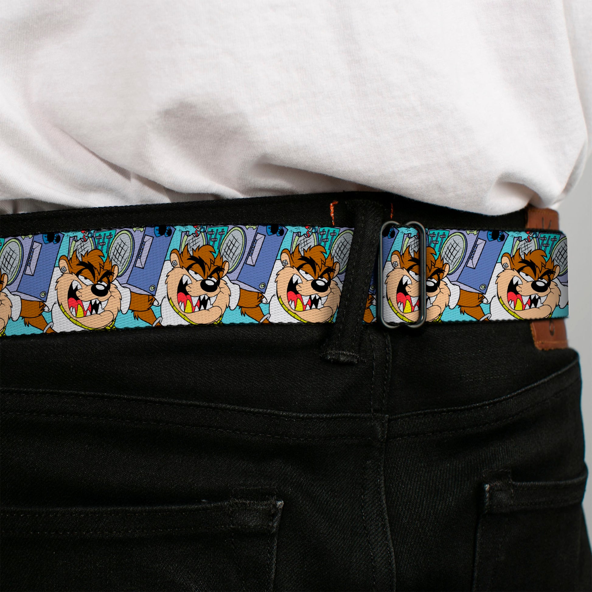 Looney Tunes Logo Full Color White Seatbelt Belt - Tasmanian Devil Boom Box Pose Baby Blue Webbing Seatbelt Belts Looney Tunes