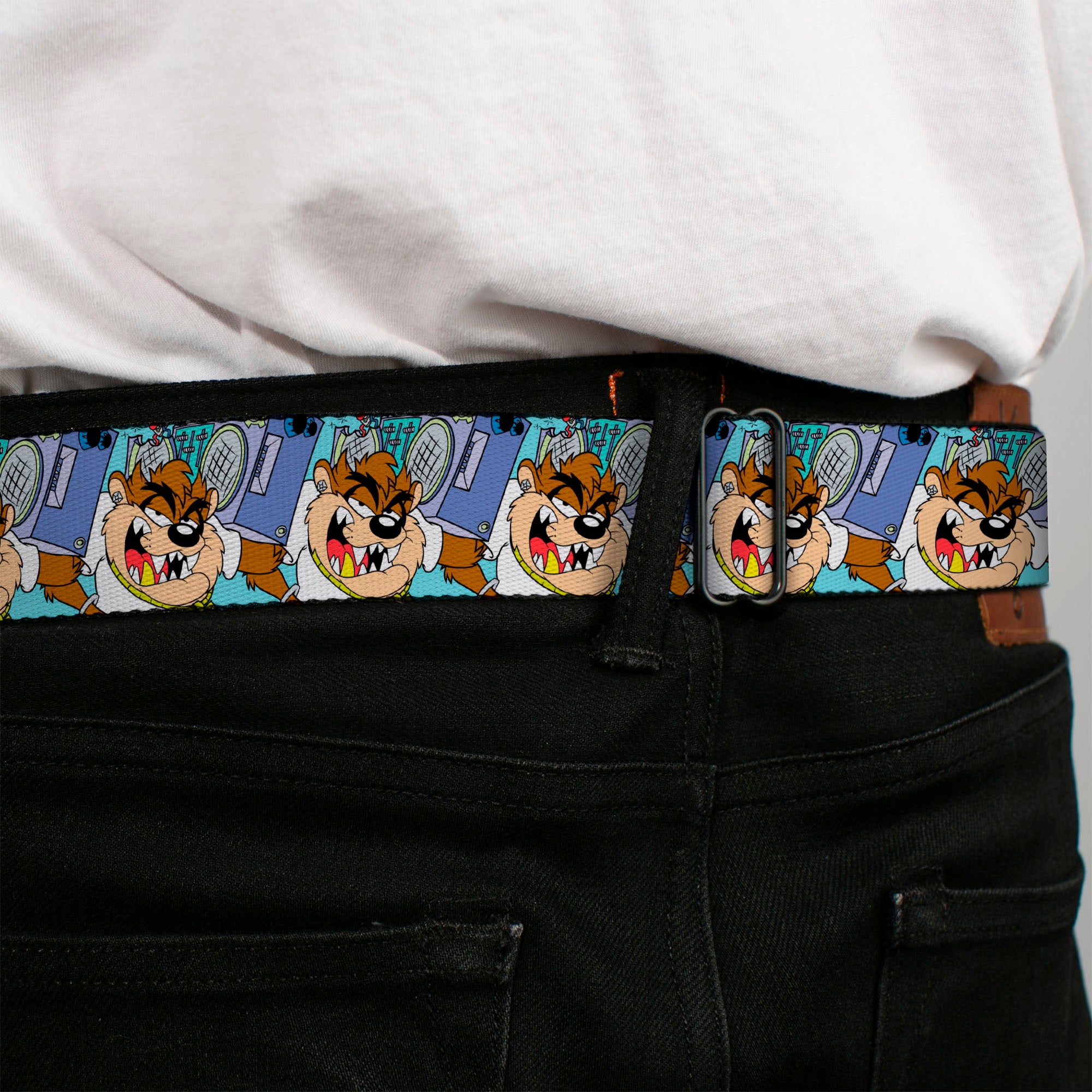 Looney Tunes Logo Full Color White Seatbelt Belt - Tasmanian Devil Boom Box Pose Baby Blue Webbing Seatbelt Belts Looney Tunes