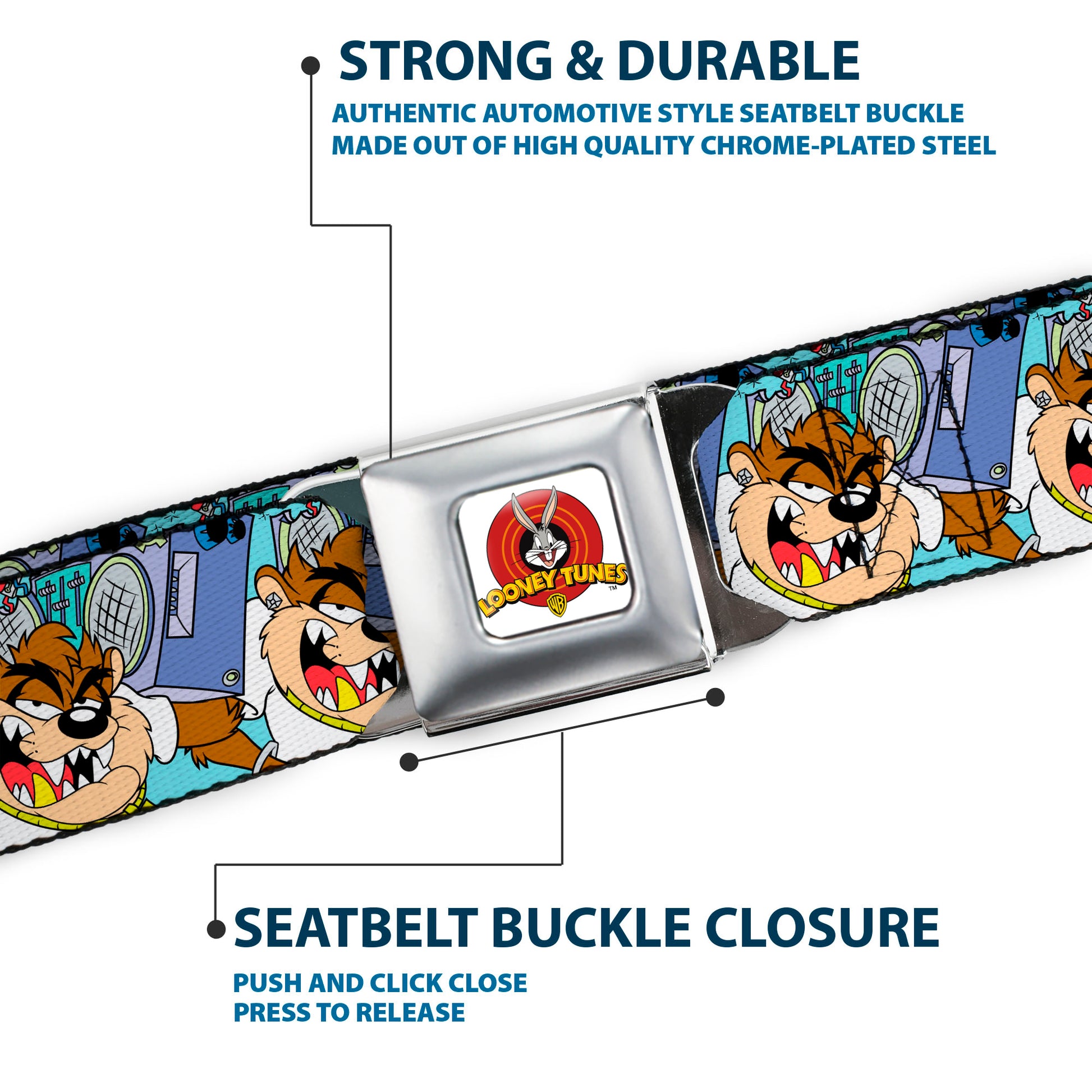 Looney Tunes Logo Full Color White Seatbelt Belt - Tasmanian Devil Boom Box Pose Baby Blue Webbing Seatbelt Belts Looney Tunes