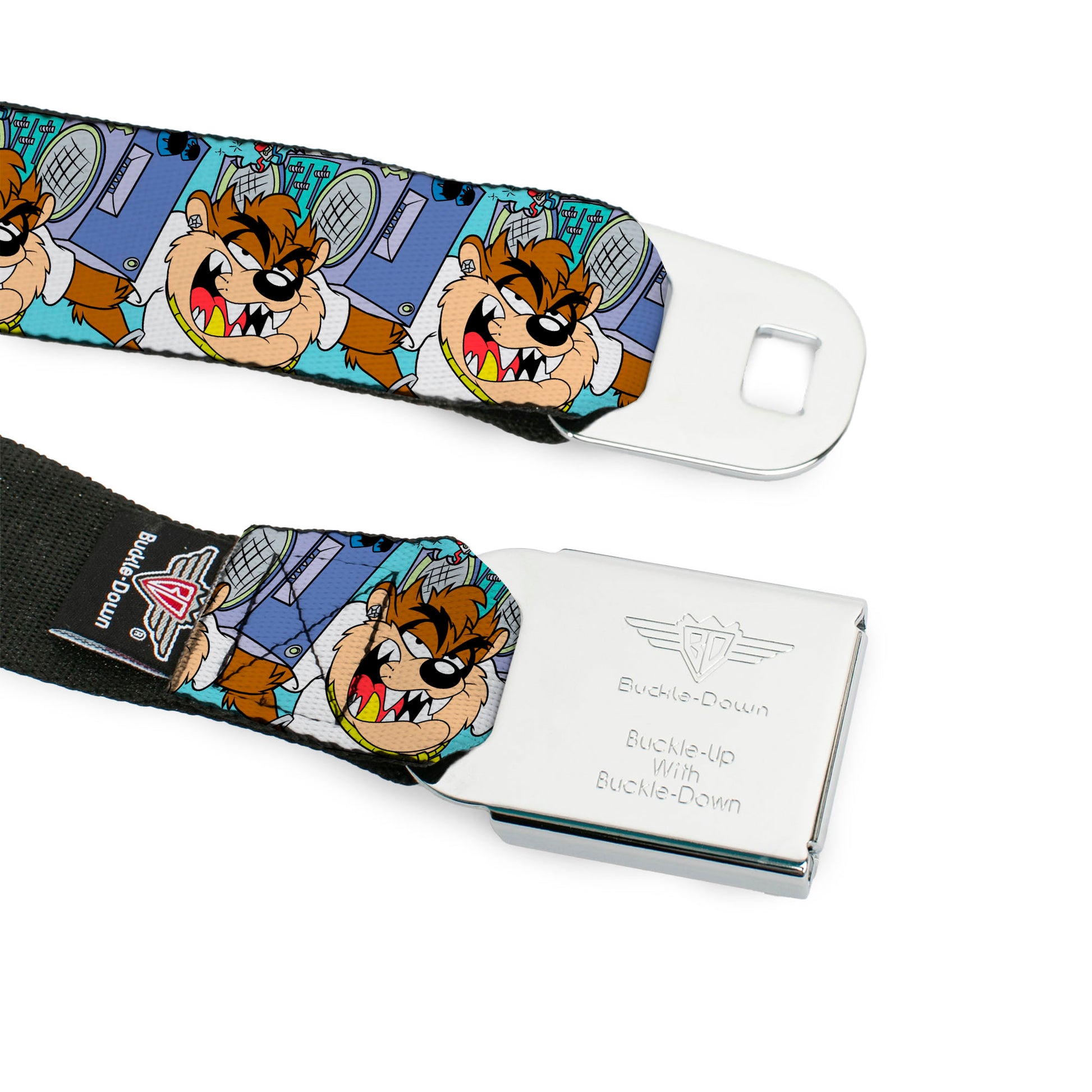 Looney Tunes Logo Full Color White Seatbelt Belt - Tasmanian Devil Boom Box Pose Baby Blue Webbing Seatbelt Belts Looney Tunes
