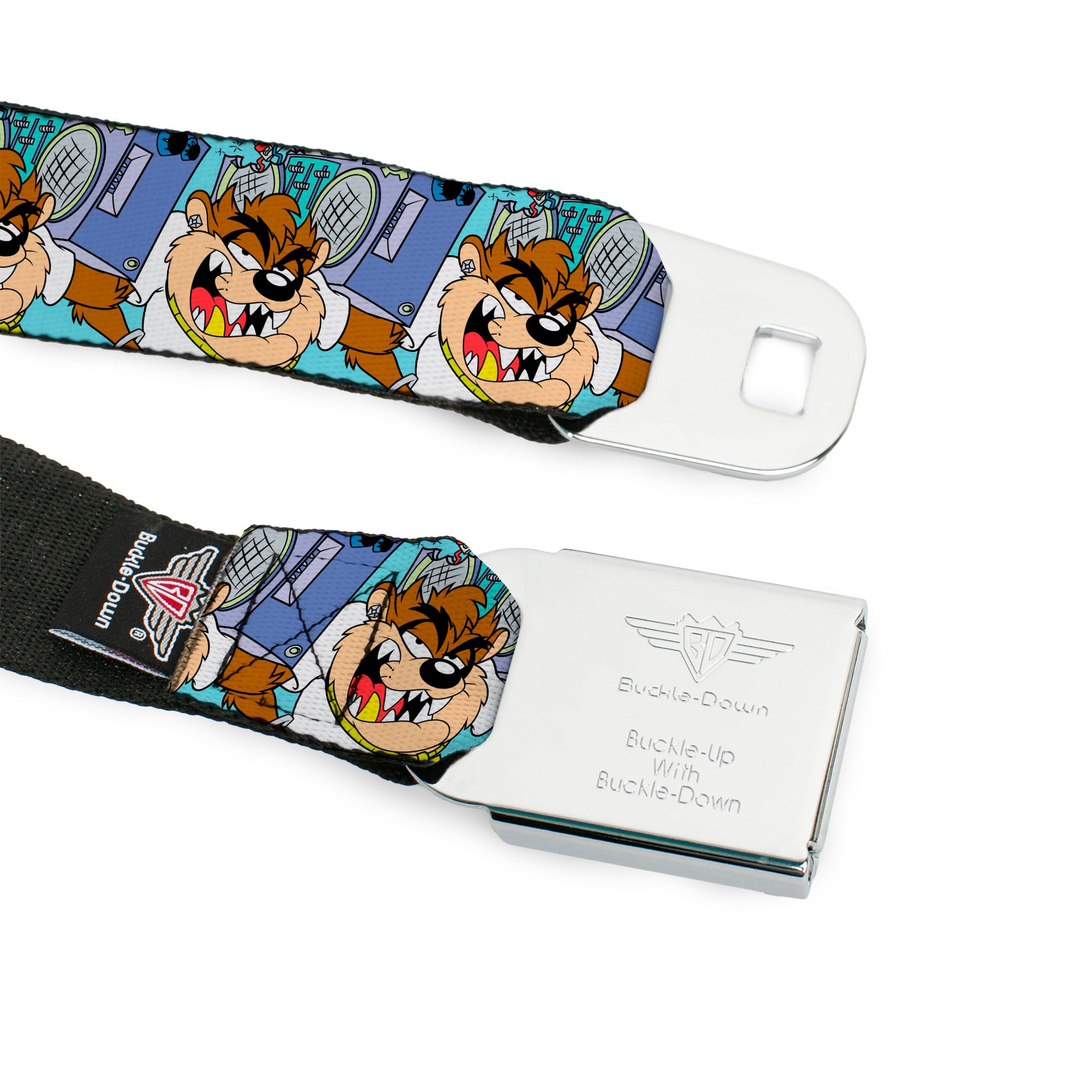 Looney Tunes Logo Full Color White Seatbelt Belt - Tasmanian Devil Boom Box Pose Baby Blue Webbing Seatbelt Belts Looney Tunes