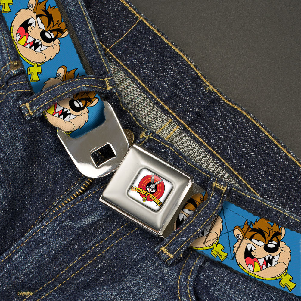 Looney Tunes Logo Full Color White Seatbelt Belt - Tasmanian Devil Hip Hop Expression Blue Webbing Seatbelt Belts Looney Tunes