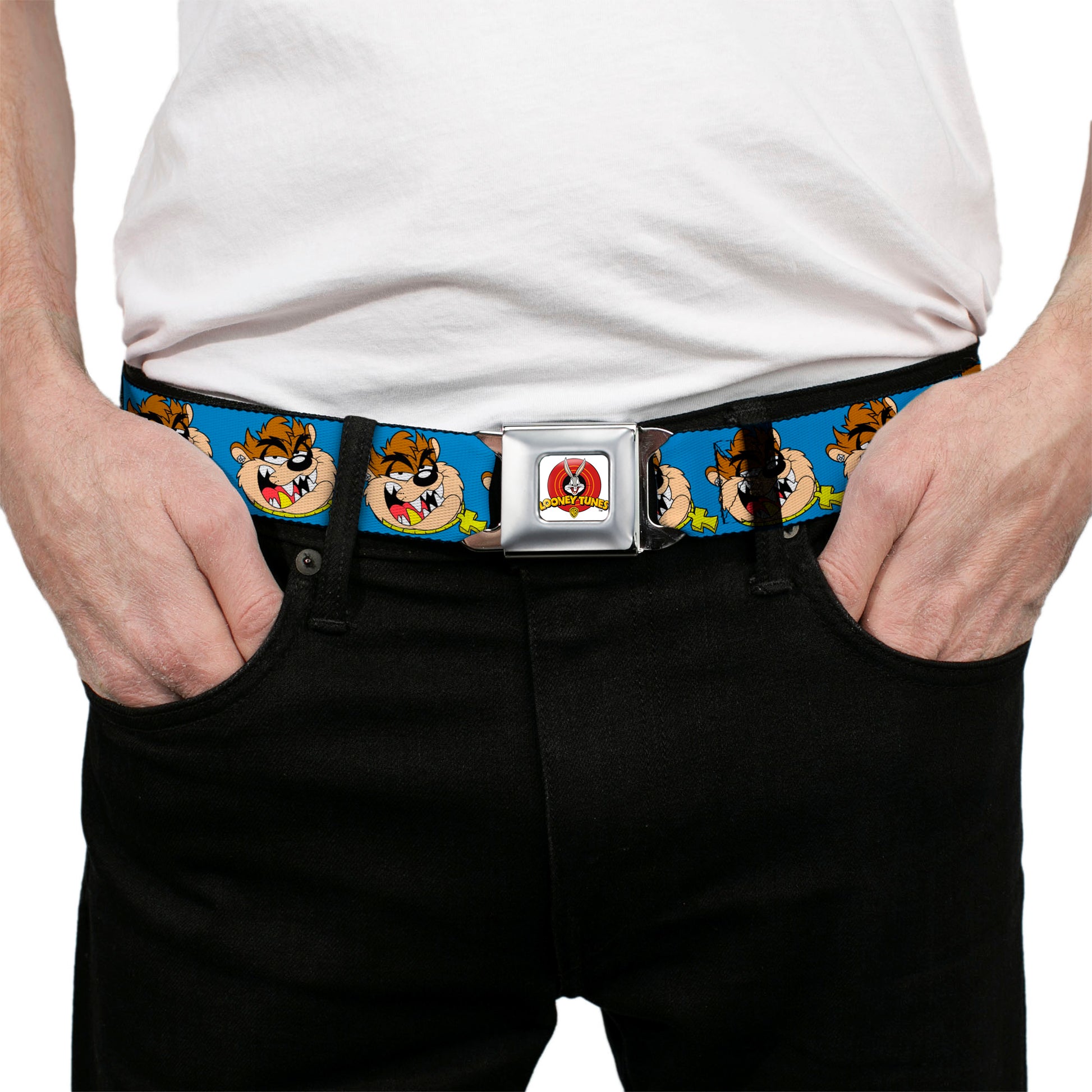 Looney Tunes Logo Full Color White Seatbelt Belt - Tasmanian Devil Hip Hop Expression Blue Webbing Seatbelt Belts Looney Tunes