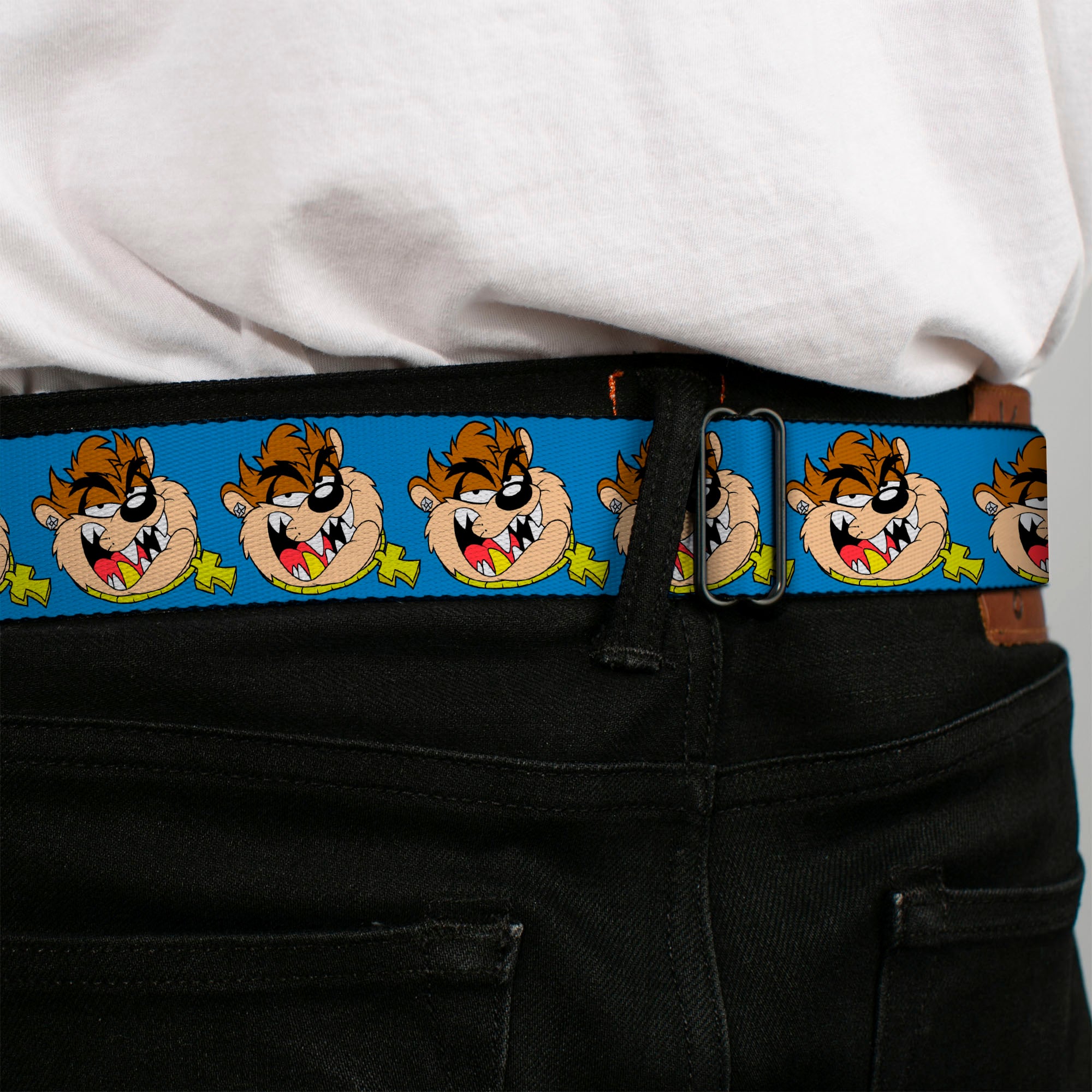 Looney Tunes Logo Full Color White Seatbelt Belt - Tasmanian Devil Hip Hop Expression Blue Webbing Seatbelt Belts Looney Tunes
