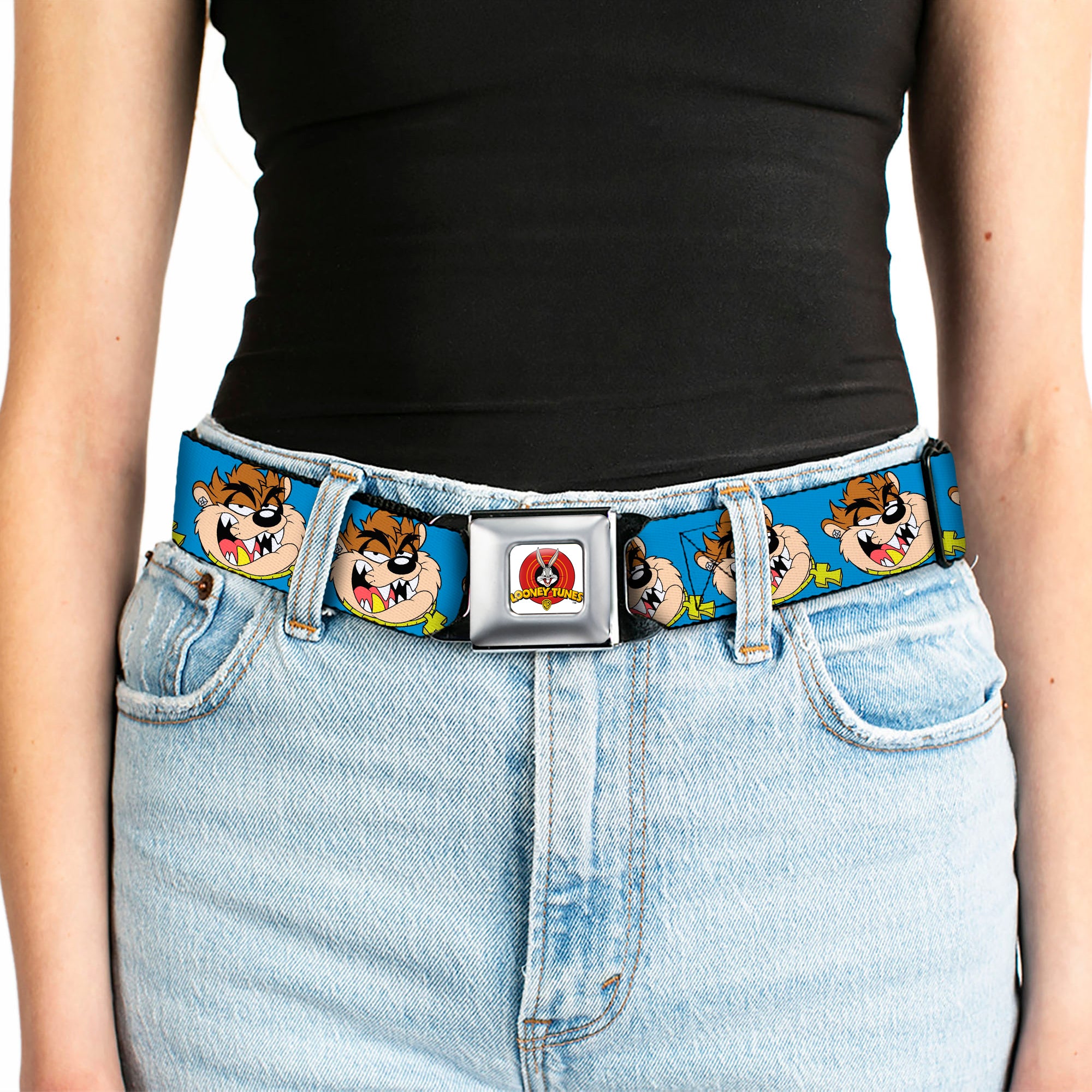 Looney Tunes Logo Full Color White Seatbelt Belt - Tasmanian Devil Hip Hop Expression Blue Webbing Seatbelt Belts Looney Tunes