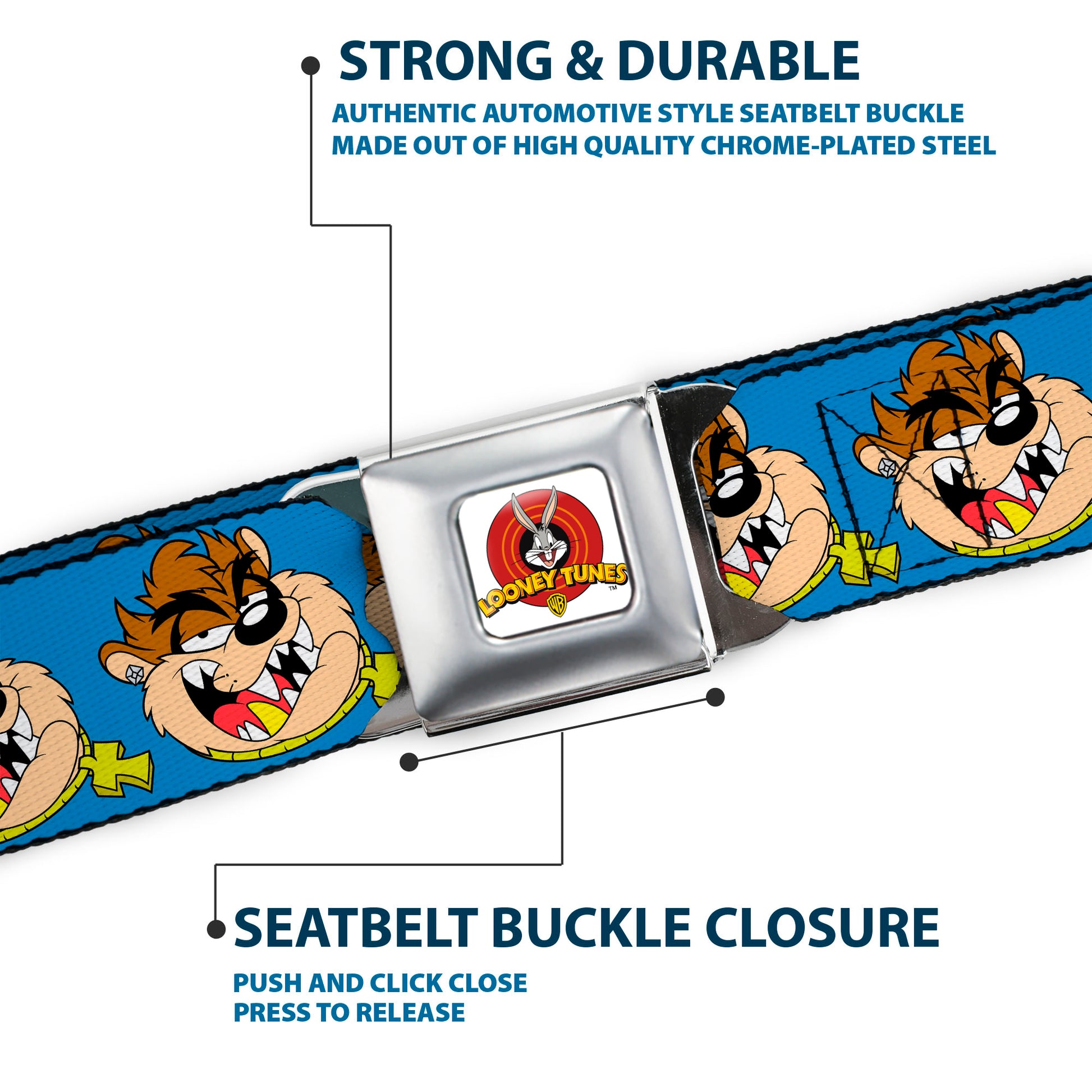 Looney Tunes Logo Full Color White Seatbelt Belt - Tasmanian Devil Hip Hop Expression Blue Webbing Seatbelt Belts Looney Tunes