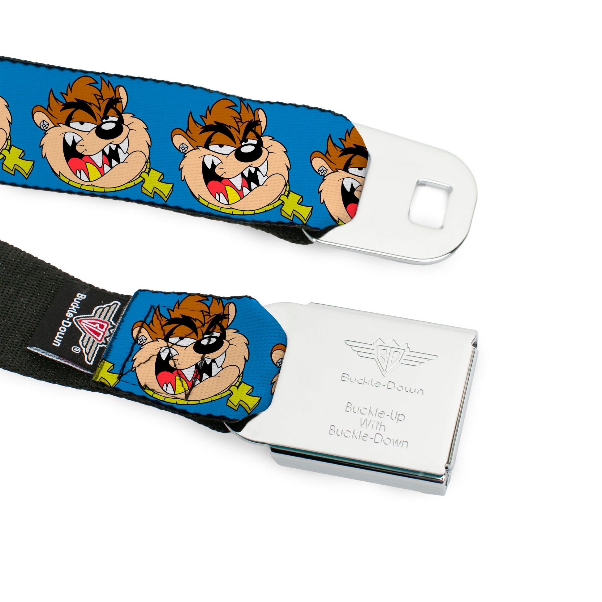 Looney Tunes Logo Full Color White Seatbelt Belt - Tasmanian Devil Hip Hop Expression Blue Webbing Seatbelt Belts Looney Tunes