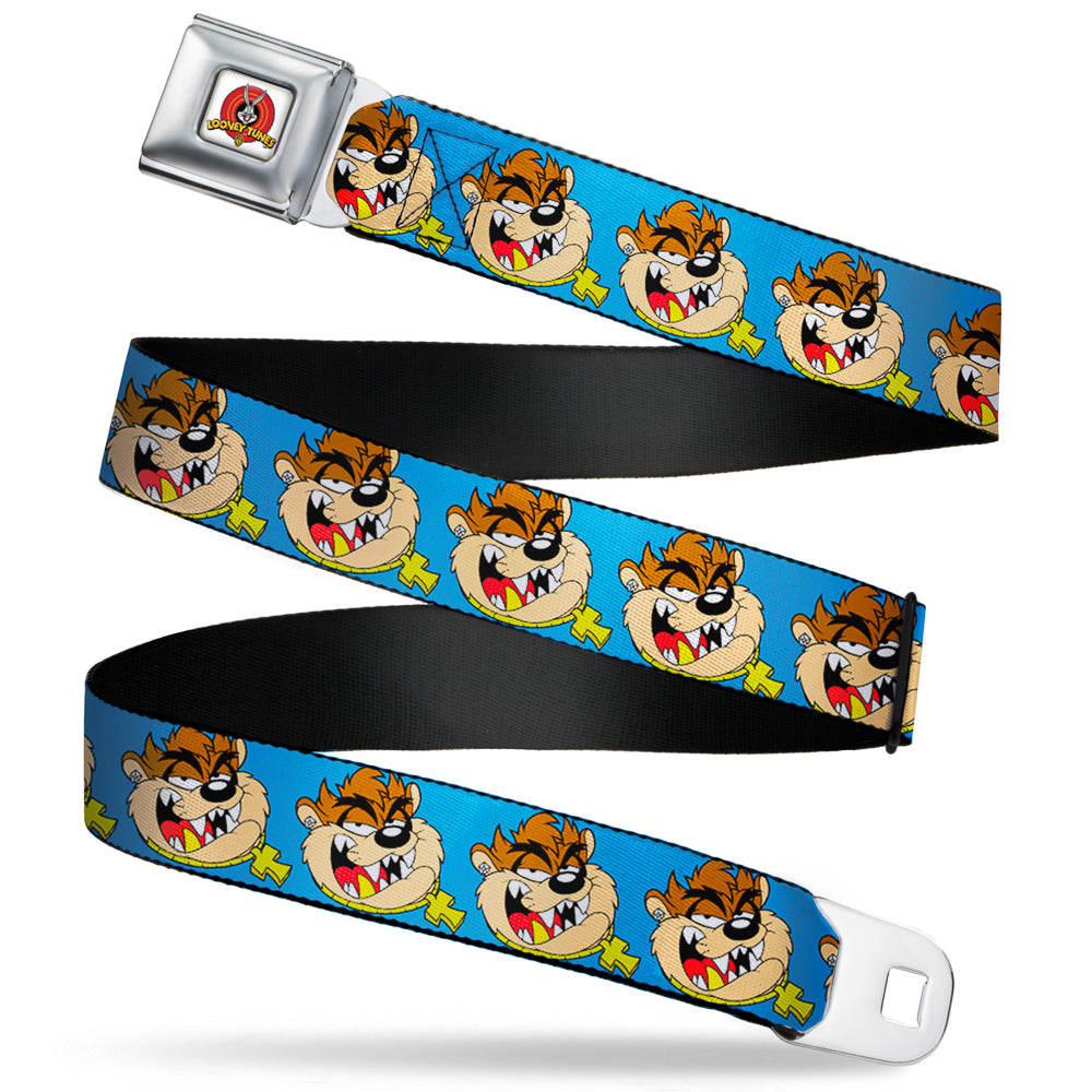 Looney Tunes Logo Full Color White Seatbelt Belt - Tasmanian Devil Hip Hop Expression Blue Webbing Seatbelt Belts Looney Tunes