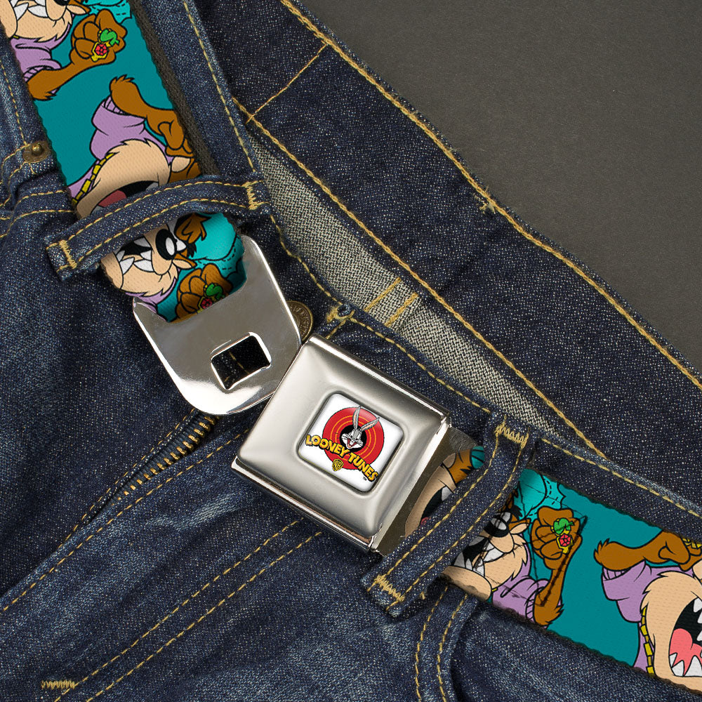 Looney Tunes Logo Full Color White Seatbelt Belt - Tasmanian Devil Hip Hop Expression2 Turquoise Webbing Seatbelt Belts Looney Tunes