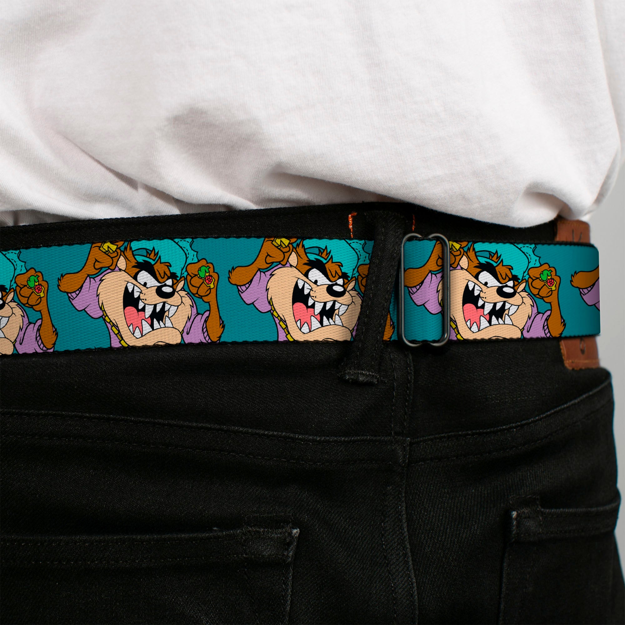 Looney Tunes Logo Full Color White Seatbelt Belt - Tasmanian Devil Hip Hop Expression2 Turquoise Webbing Seatbelt Belts Looney Tunes