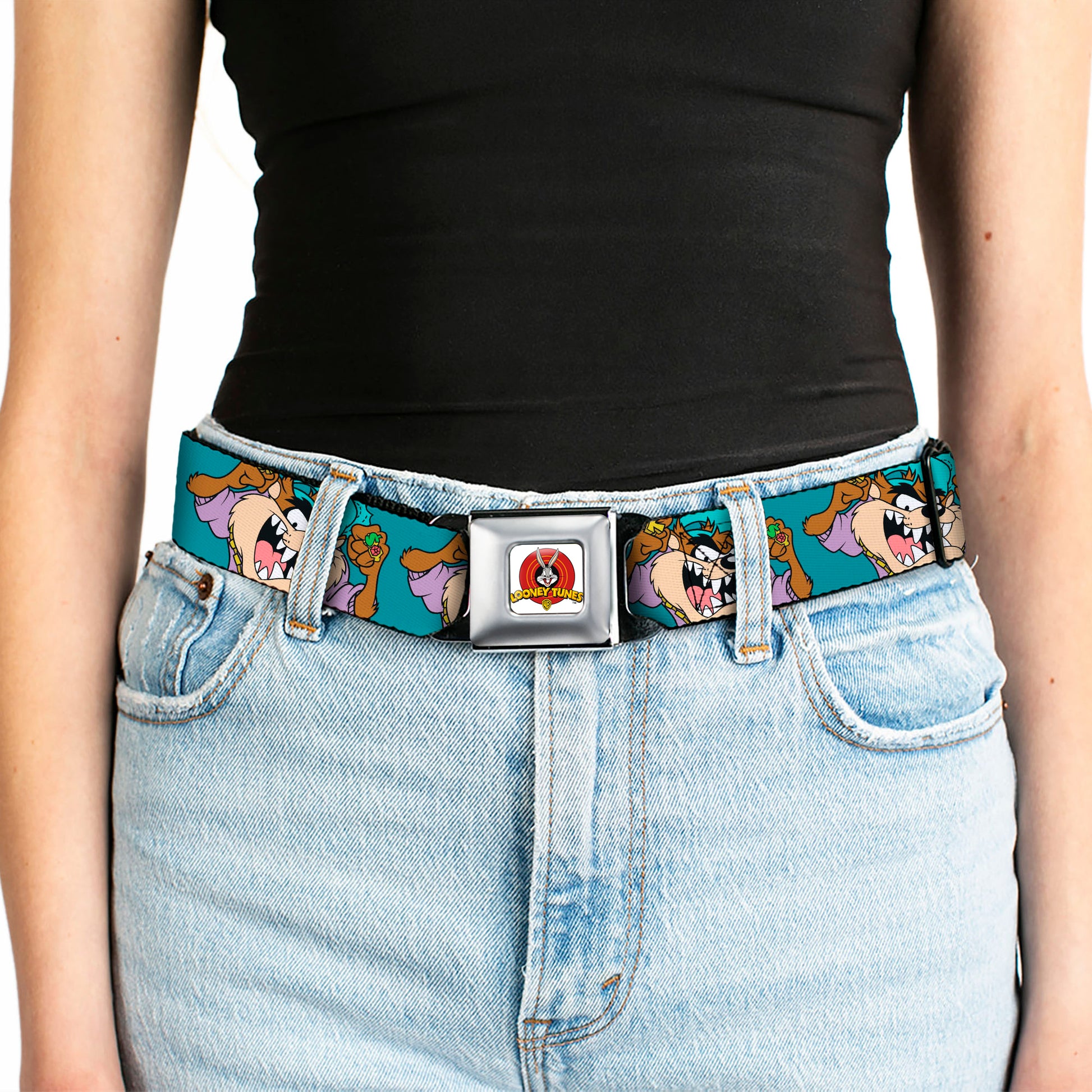 Looney Tunes Logo Full Color White Seatbelt Belt - Tasmanian Devil Hip Hop Expression2 Turquoise Webbing Seatbelt Belts Looney Tunes