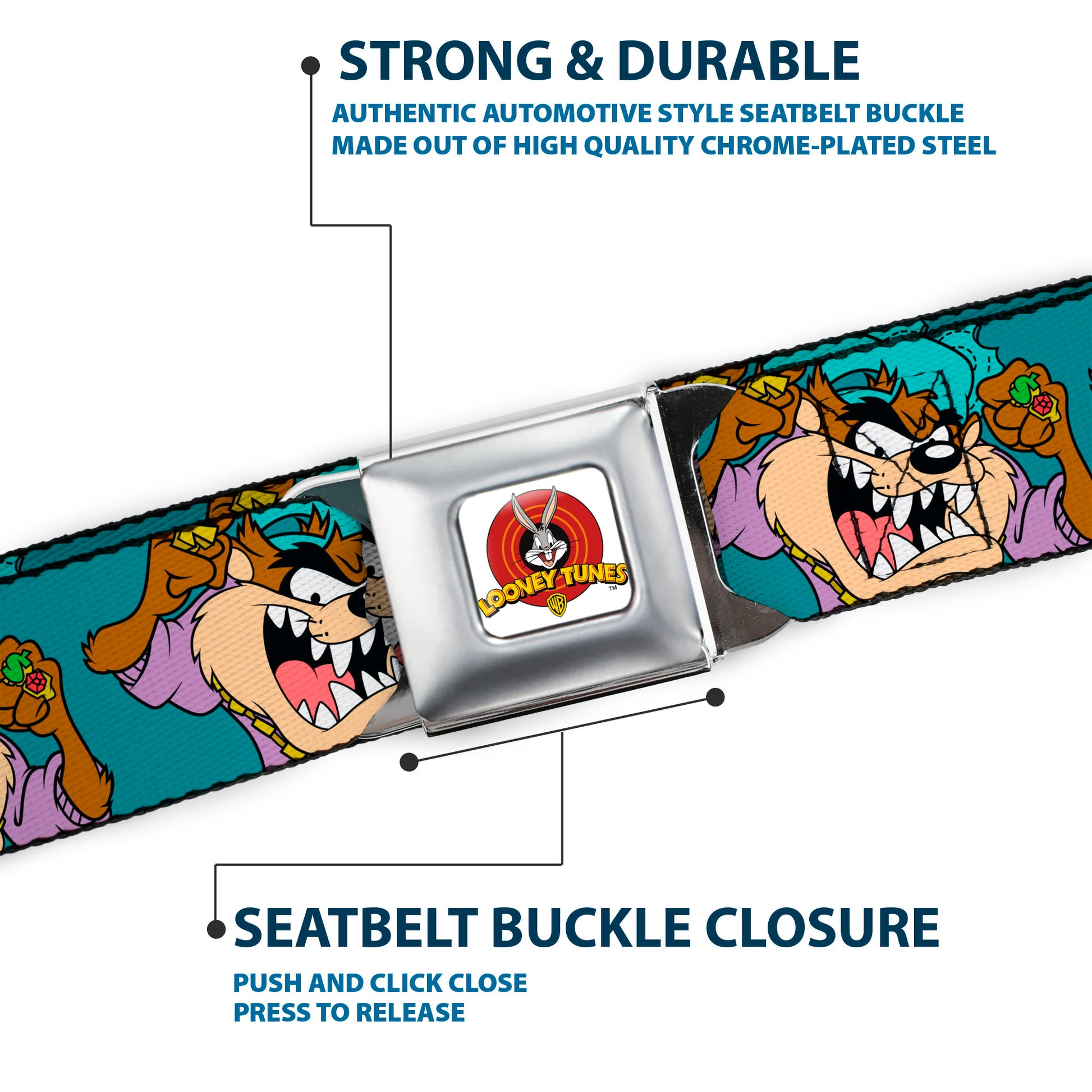 Looney Tunes Logo Full Color White Seatbelt Belt - Tasmanian Devil Hip Hop Expression2 Turquoise Webbing Seatbelt Belts Looney Tunes