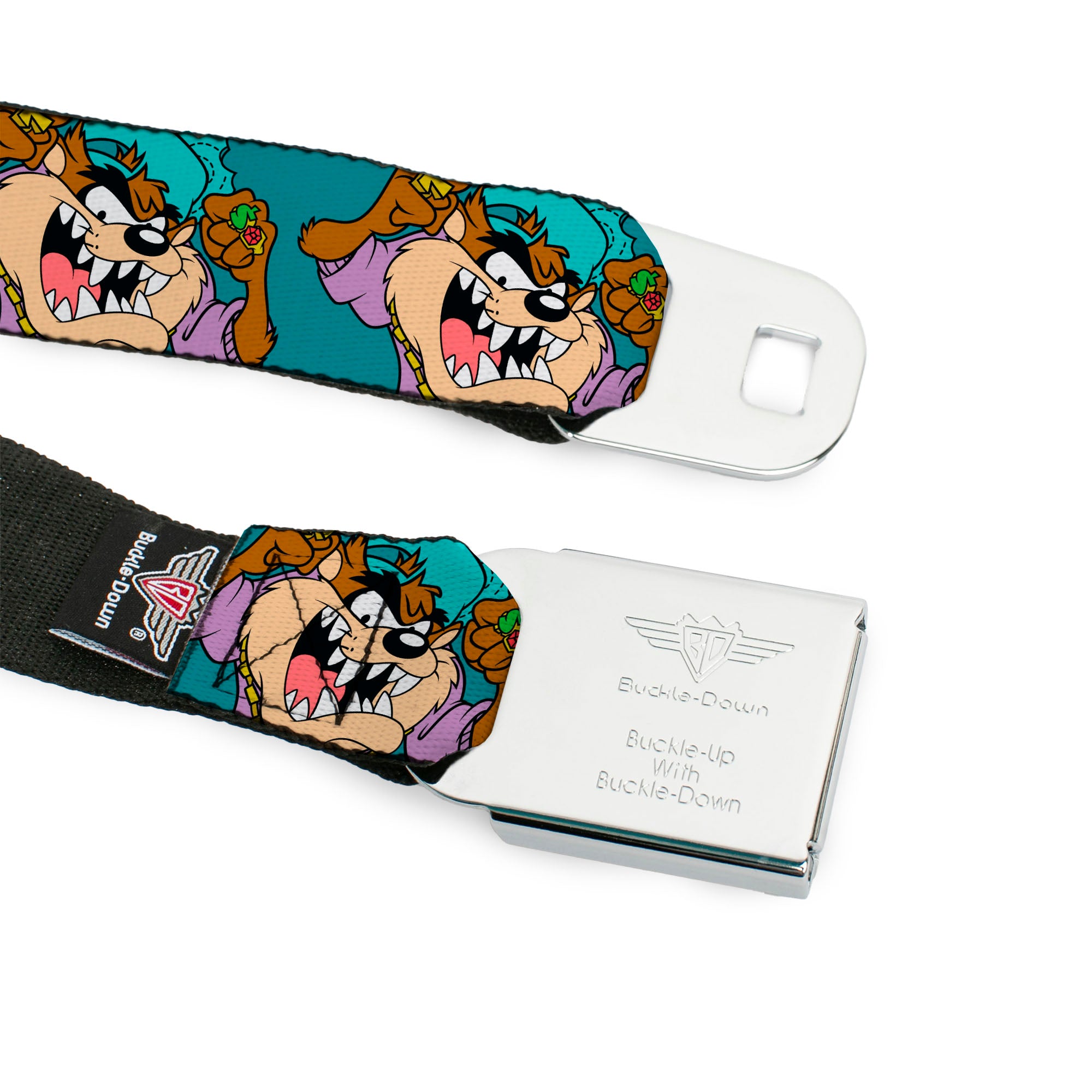 Looney Tunes Logo Full Color White Seatbelt Belt - Tasmanian Devil Hip Hop Expression2 Turquoise Webbing Seatbelt Belts Looney Tunes