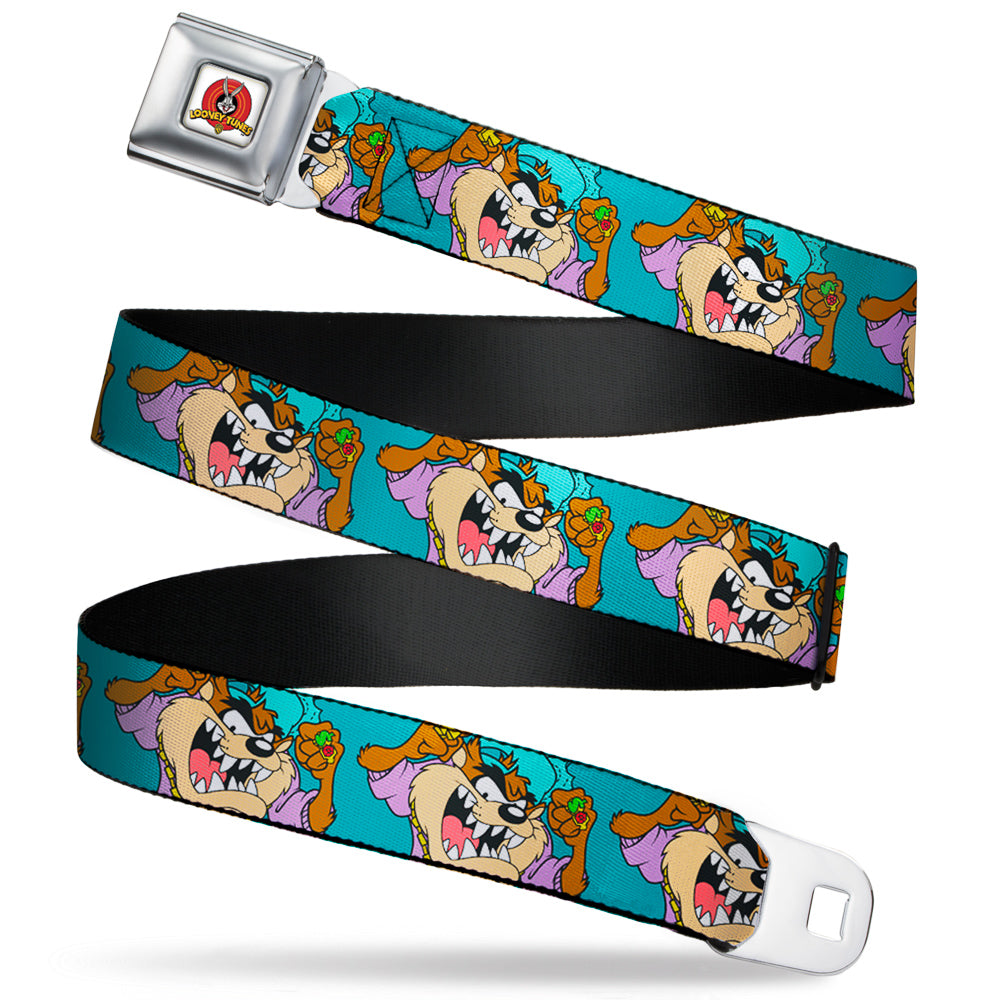 Looney Tunes Logo Full Color White Seatbelt Belt - Tasmanian Devil Hip Hop Expression2 Turquoise Webbing Seatbelt Belts Looney Tunes