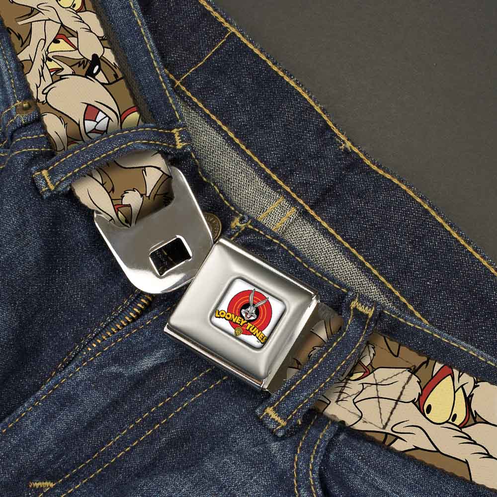 Looney Tunes Logo Full Color White Seatbelt Belt - Wile E. Coyote Expressions Stacked Webbing Seatbelt Belts Looney Tunes