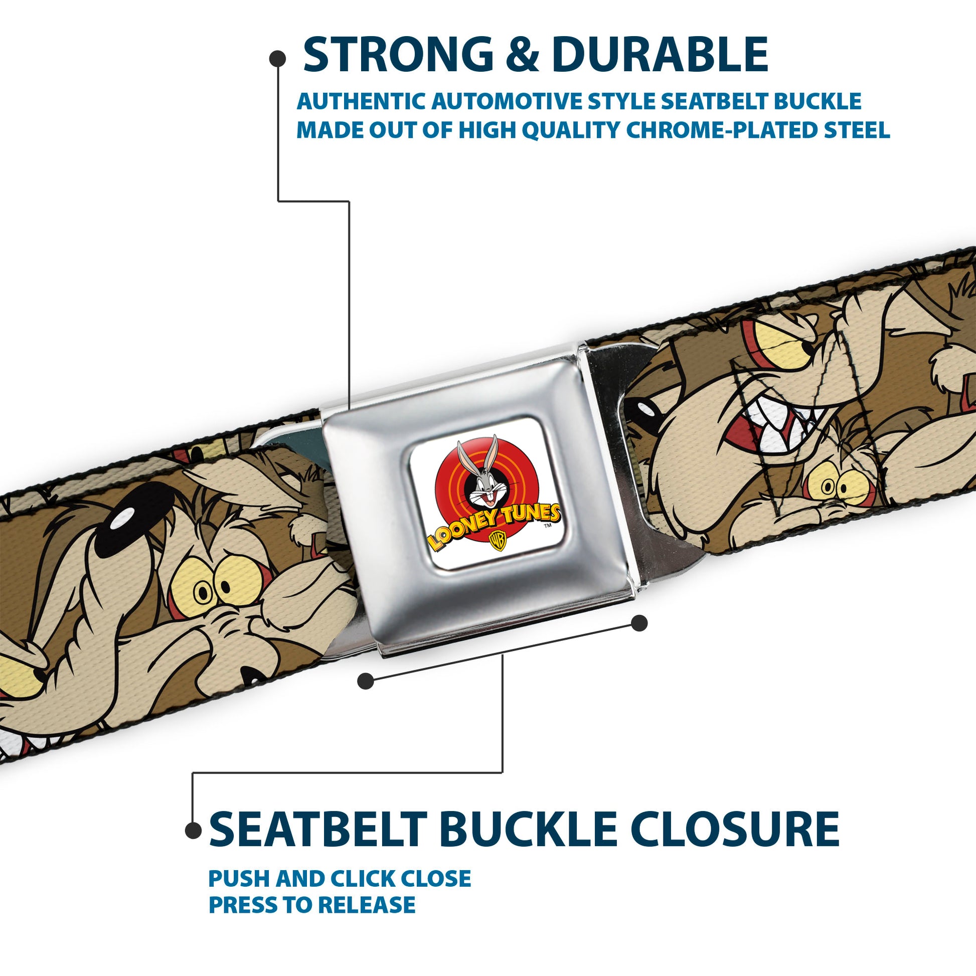 Looney Tunes Logo Full Color White Seatbelt Belt - Wile E. Coyote Expressions Stacked Webbing Seatbelt Belts Looney Tunes