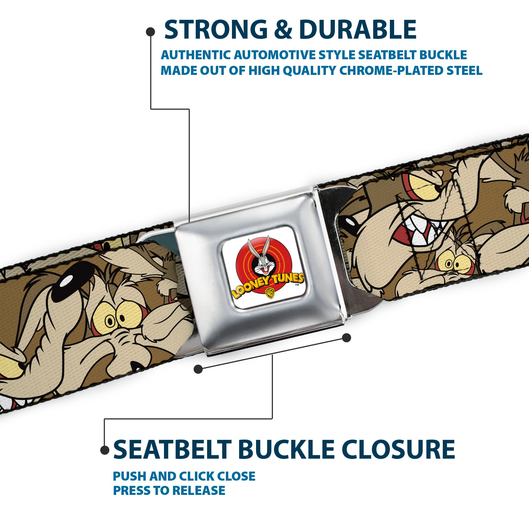 Looney Tunes Logo Full Color White Seatbelt Belt - Wile E. Coyote Expressions Stacked Webbing Seatbelt Belts Looney Tunes