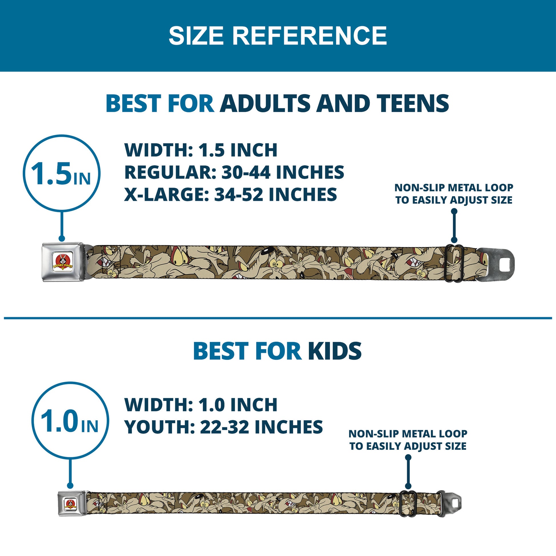 Looney Tunes Logo Full Color White Seatbelt Belt - Wile E. Coyote Expressions Stacked Webbing Seatbelt Belts Looney Tunes