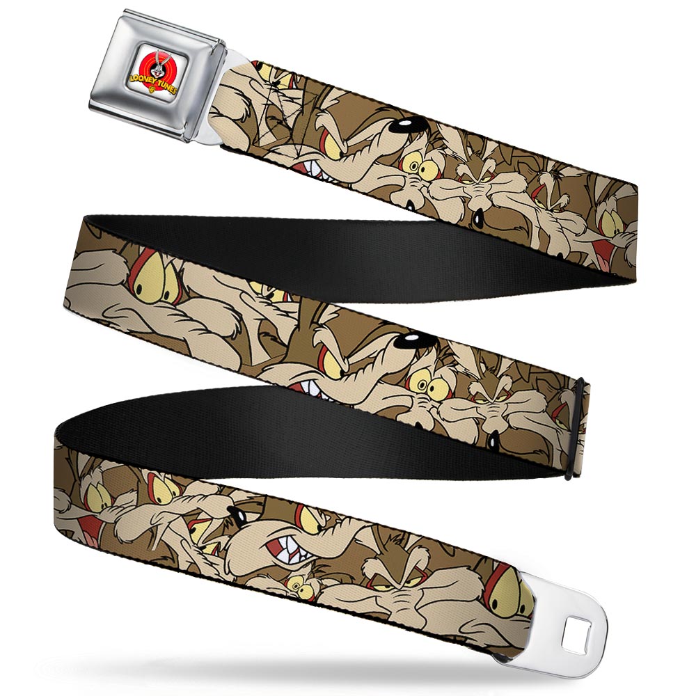 Looney Tunes Logo Full Color White Seatbelt Belt - Wile E. Coyote Expressions Stacked Webbing Seatbelt Belts Looney Tunes