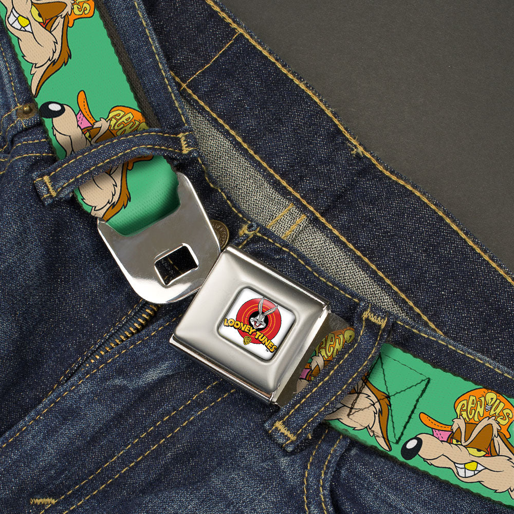 Looney Tunes Logo Full Color White Seatbelt Belt - Wile E. Coyote Hip Hop Expression Green Webbing Seatbelt Belts Looney Tunes