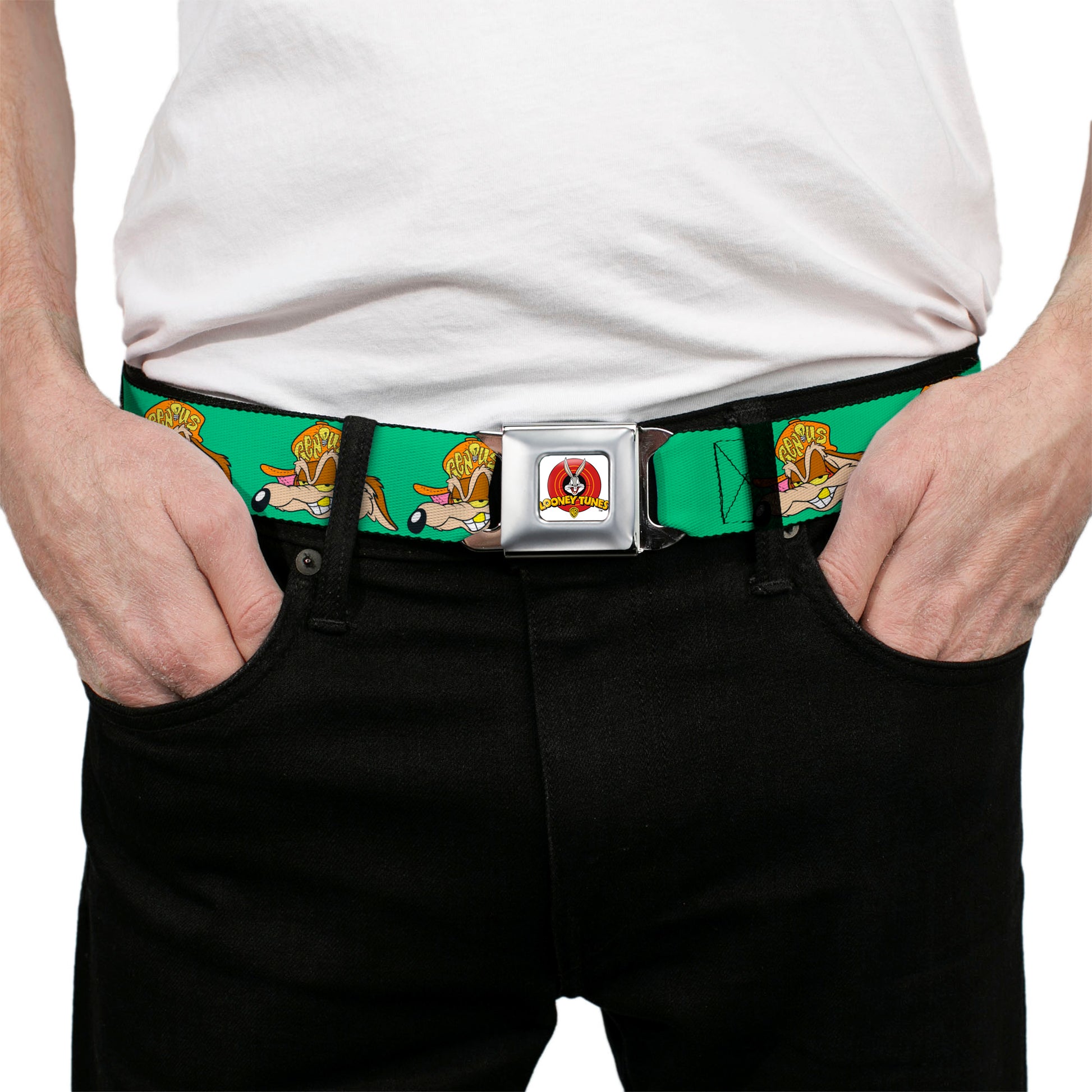 Looney Tunes Logo Full Color White Seatbelt Belt - Wile E. Coyote Hip Hop Expression Green Webbing Seatbelt Belts Looney Tunes