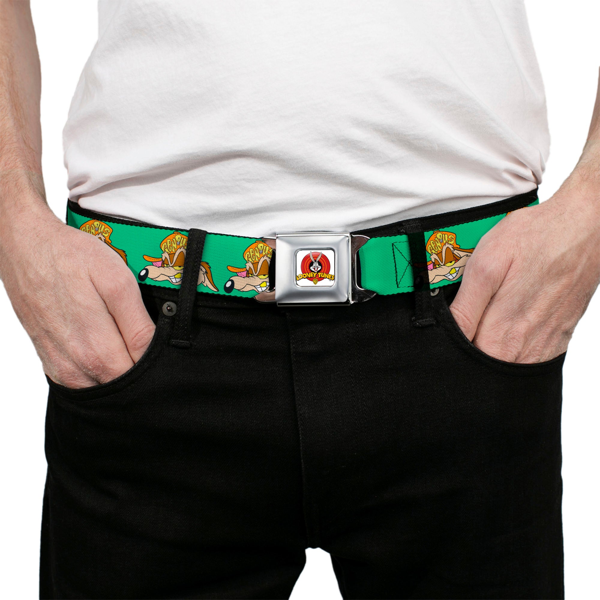 Looney Tunes Logo Full Color White Seatbelt Belt - Wile E. Coyote Hip Hop Expression Green Webbing Seatbelt Belts Looney Tunes