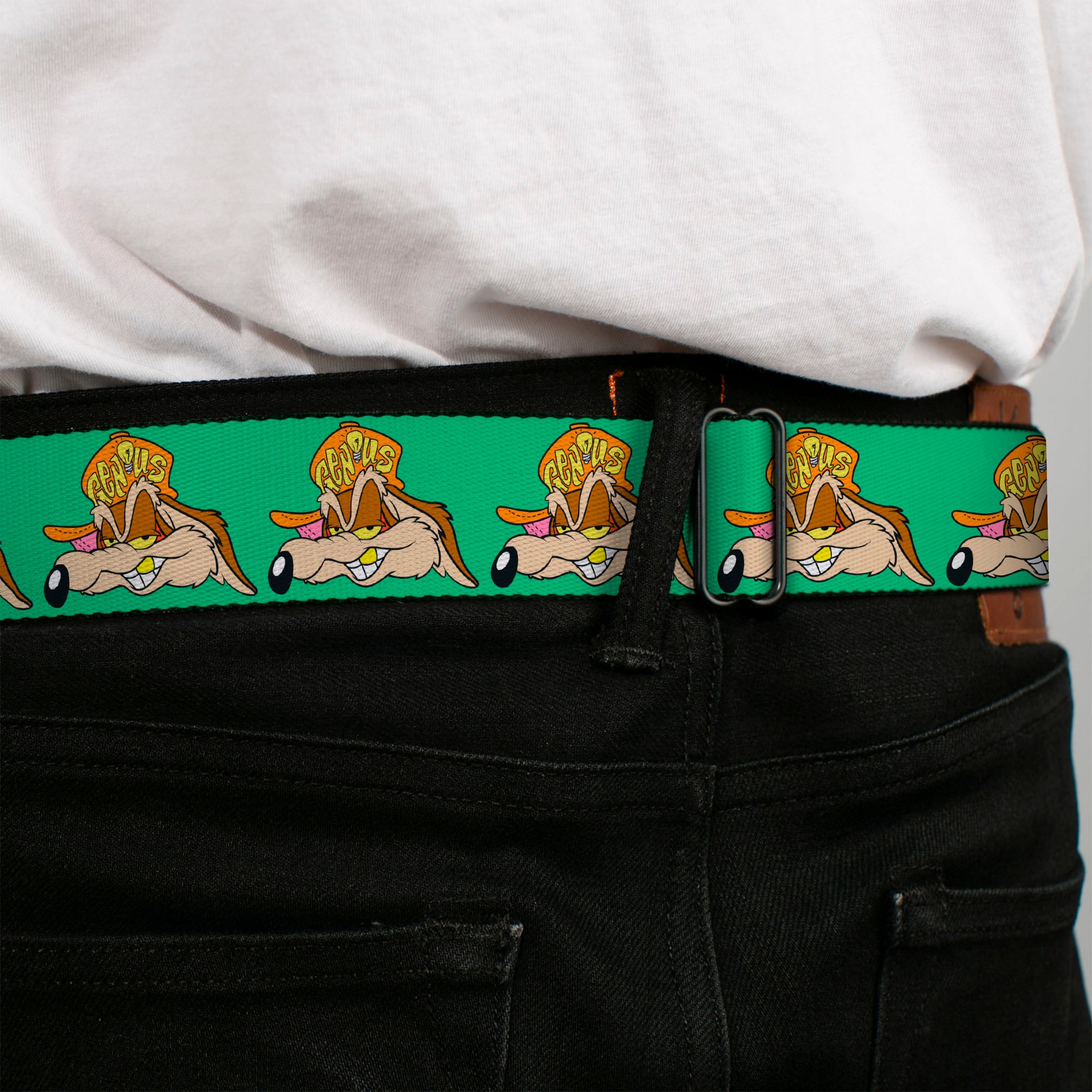 Looney Tunes Logo Full Color White Seatbelt Belt - Wile E. Coyote Hip Hop Expression Green Webbing Seatbelt Belts Looney Tunes