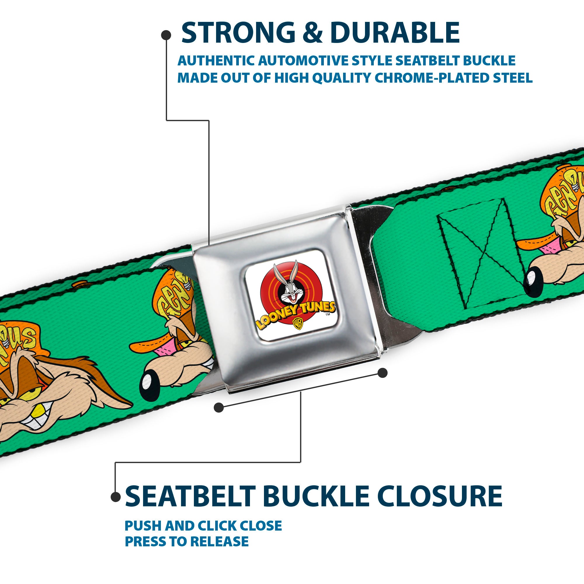 Looney Tunes Logo Full Color White Seatbelt Belt - Wile E. Coyote Hip Hop Expression Green Webbing Seatbelt Belts Looney Tunes