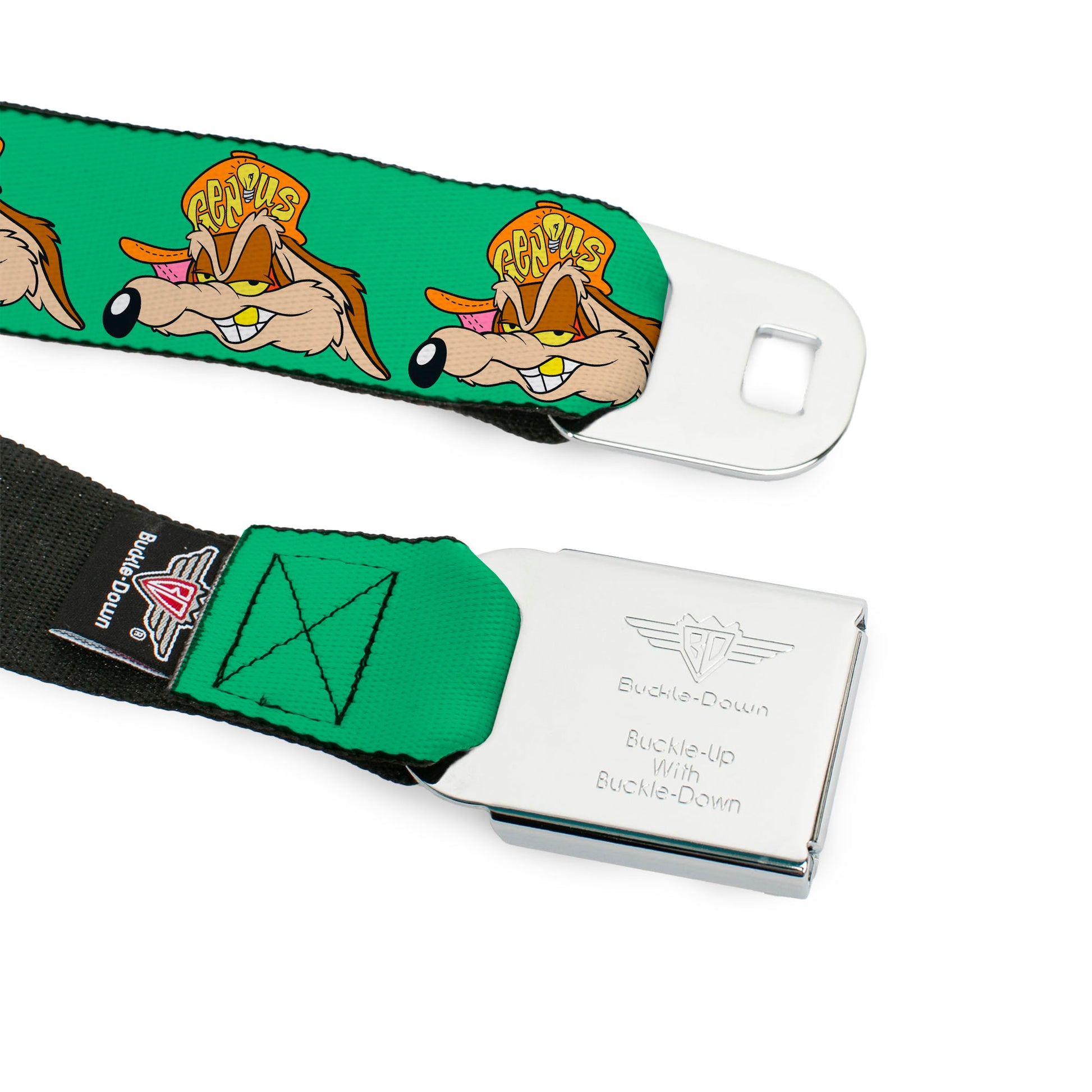 Looney Tunes Logo Full Color White Seatbelt Belt - Wile E. Coyote Hip Hop Expression Green Webbing Seatbelt Belts Looney Tunes