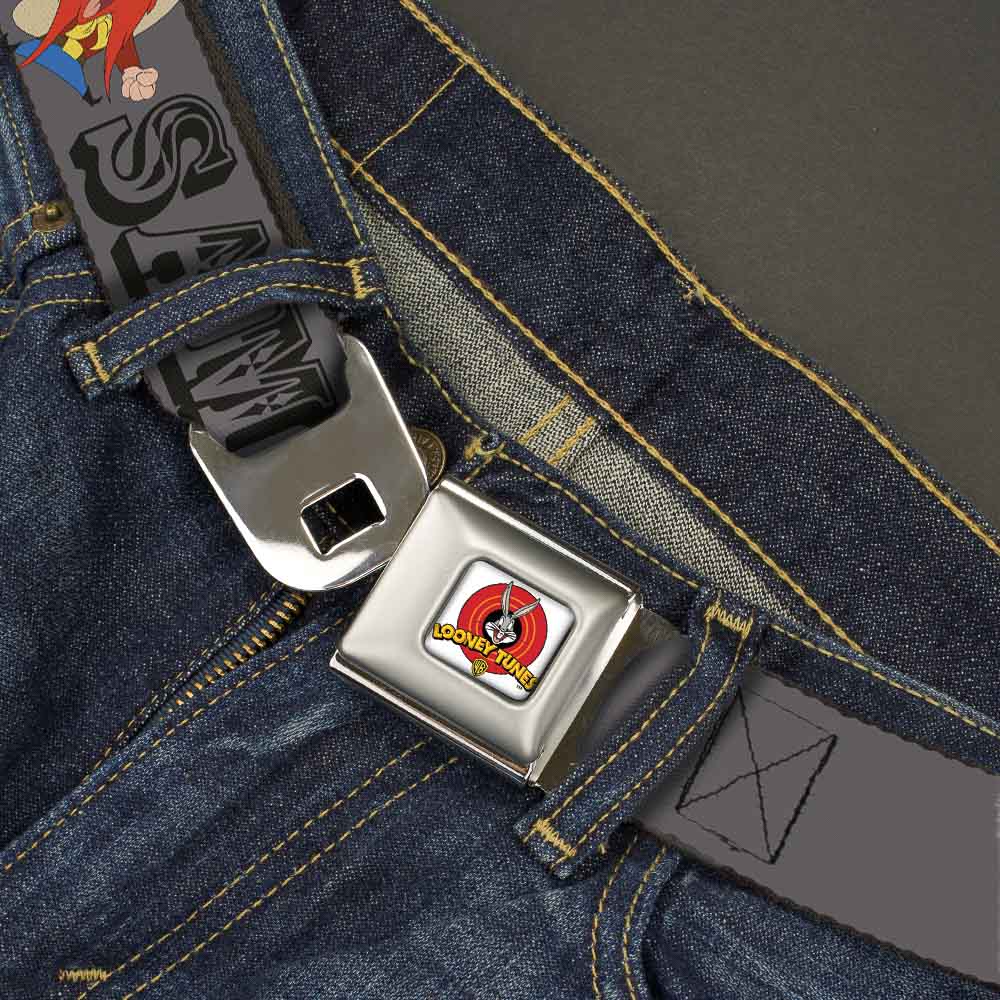 Looney Tunes Logo Full Color White Seatbelt Belt - YOSEMITE SAM w/Poses Gray Webbing Seatbelt Belts Looney Tunes