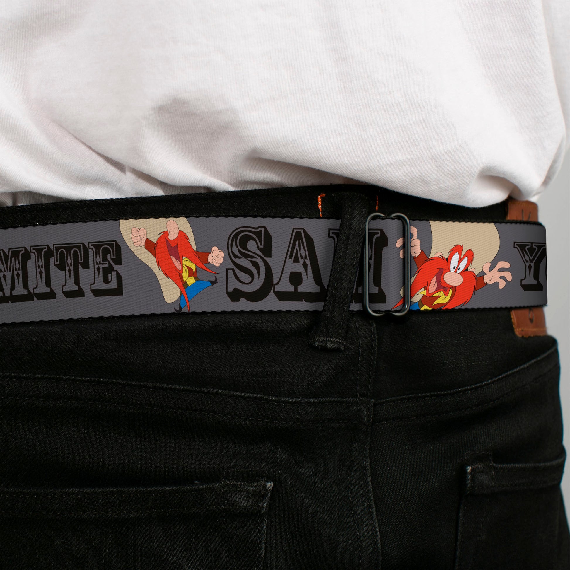 Looney Tunes Logo Full Color White Seatbelt Belt - YOSEMITE SAM w/Poses Gray Webbing Seatbelt Belts Looney Tunes