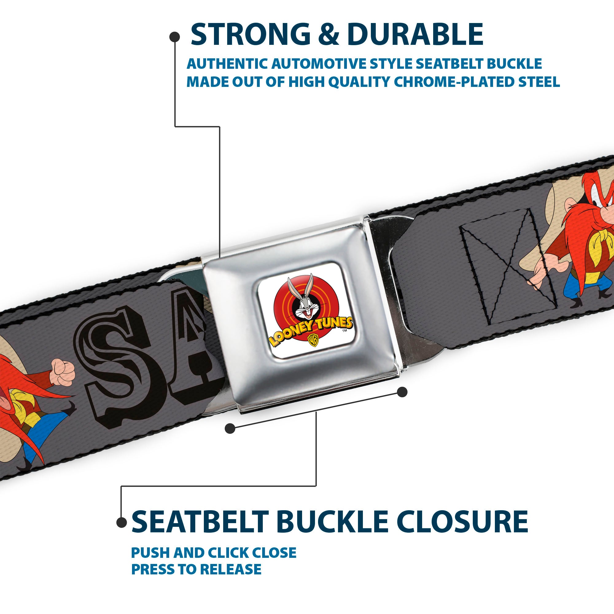 Looney Tunes Logo Full Color White Seatbelt Belt - YOSEMITE SAM w/Poses Gray Webbing Seatbelt Belts Looney Tunes