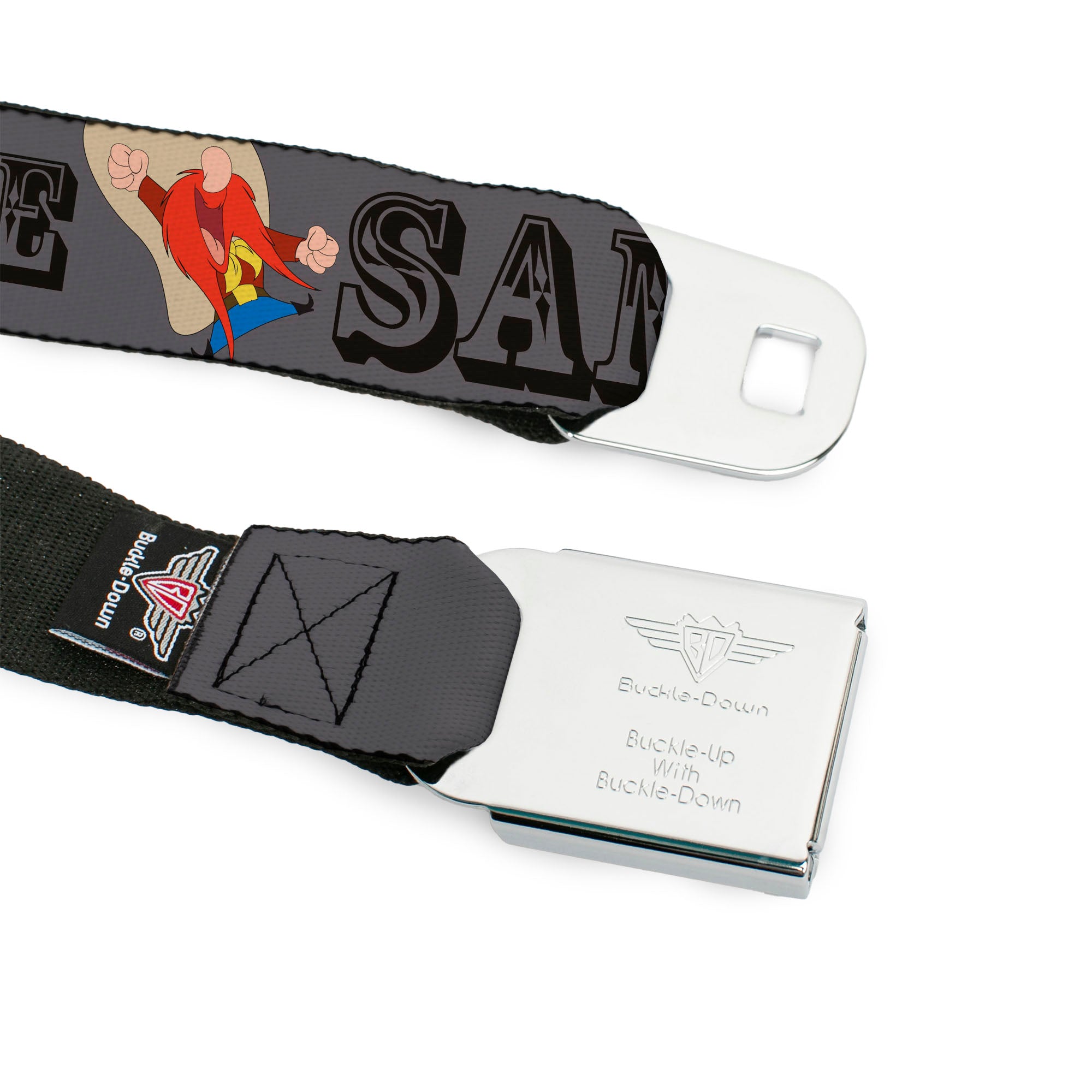 Looney Tunes Logo Full Color White Seatbelt Belt - YOSEMITE SAM w/Poses Gray Webbing Seatbelt Belts Looney Tunes